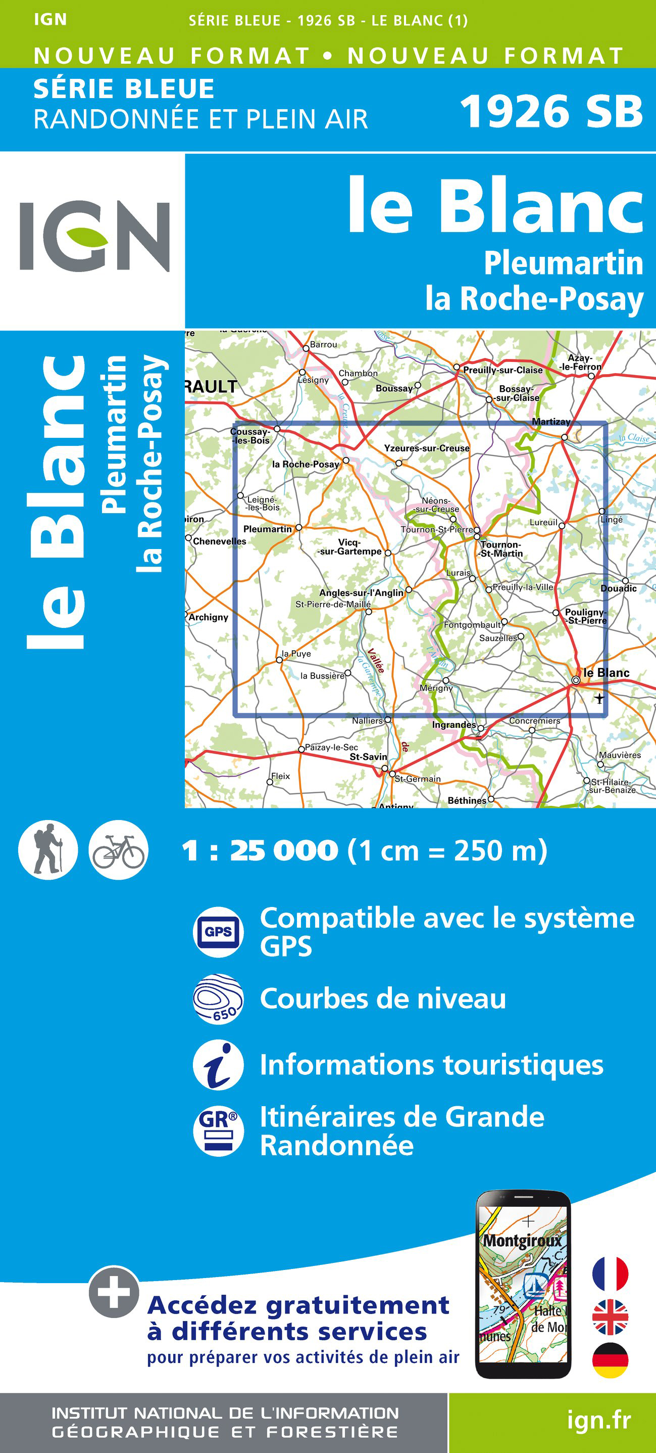 Online bestellen: Wandelkaart - Topografische kaart 1926 SB - Serie Bleue Le Blanc, Pleumartin, La Roche-Posay | IGN - Institut Géographique National