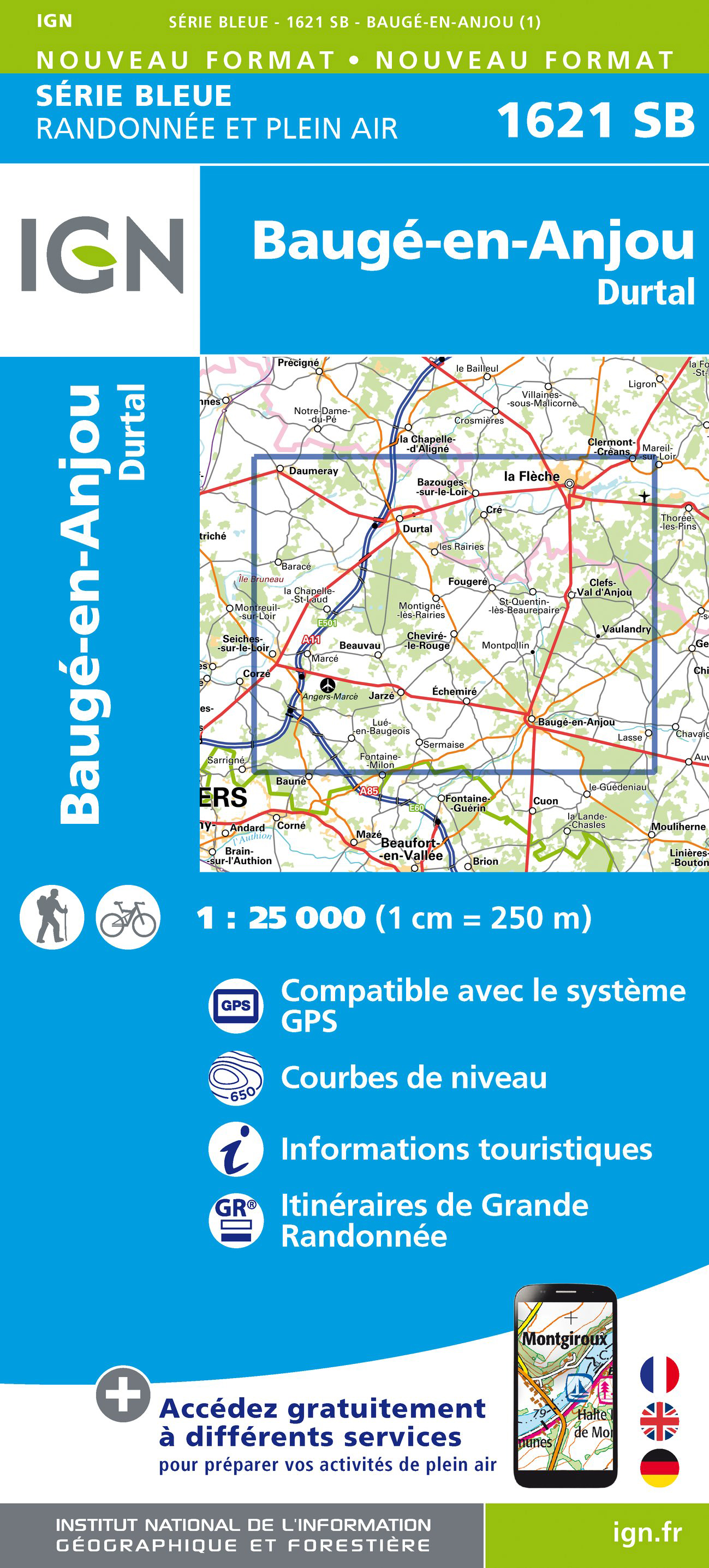 Online bestellen: Topografische kaart - Wandelkaart 1621 SB - Serie Bleue Baugé-en-Anjou | IGN - Institut Géographique National