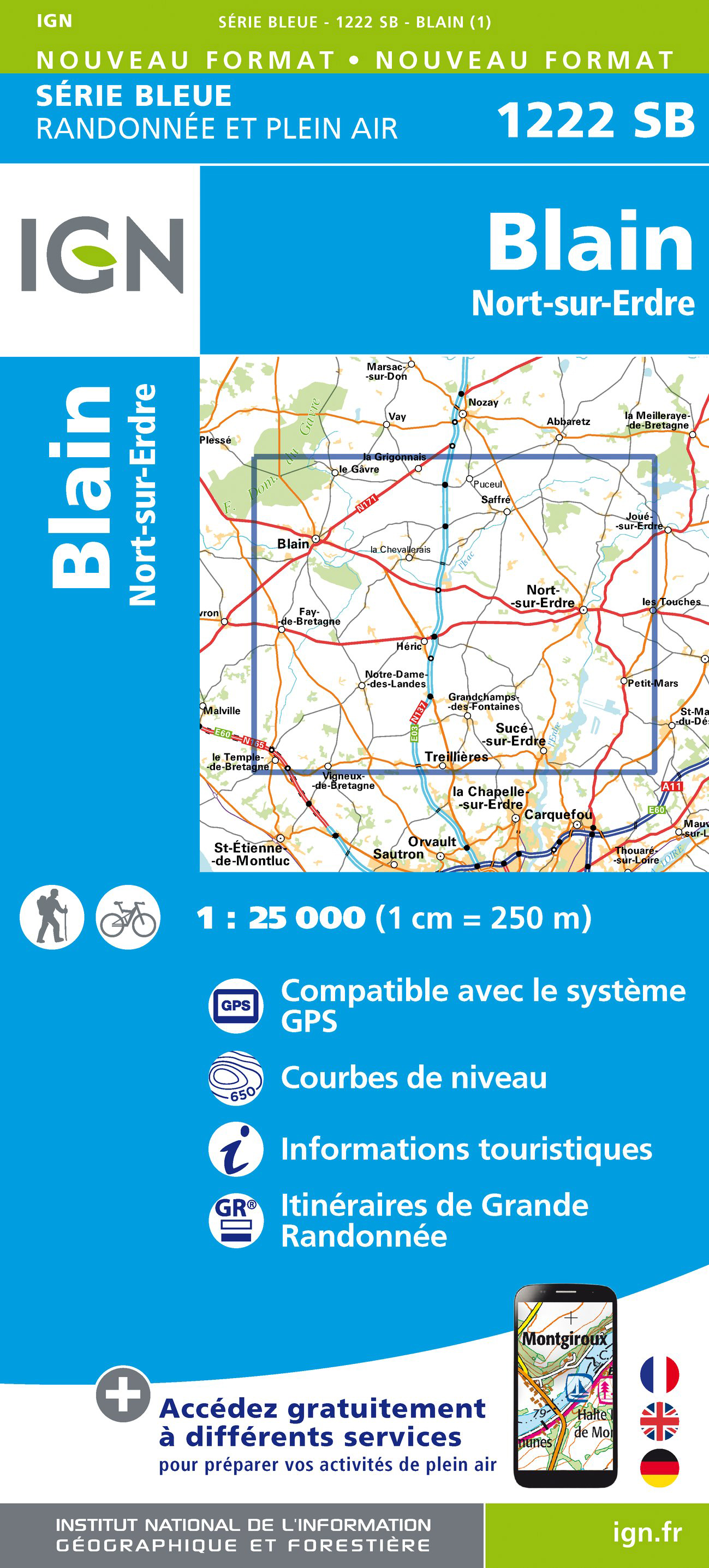 Online bestellen: Wandelkaart - Topografische kaart 1222 SB - Serie Bleue Blain - Nort-sur-Erdre | IGN - Institut Géographique National