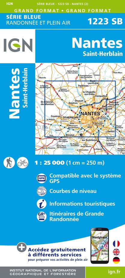 Online bestellen: Topografische kaart - Wandelkaart 1223 SB - Serie Bleue Nantes - St Herblain | IGN - Institut Géographique National