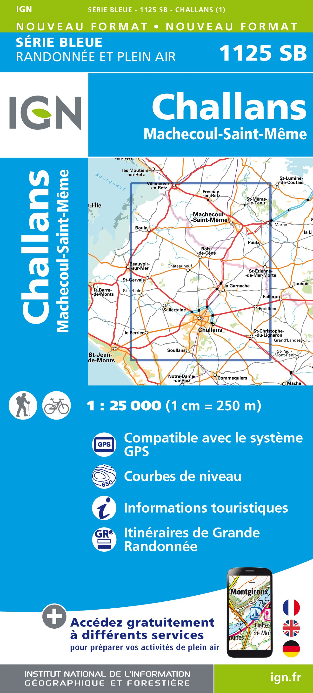 Online bestellen: Wandelkaart - Topografische kaart 1125 SB - Serie Bleue Challans, Machecoul-Saint-Même | IGN - Institut Géographique National