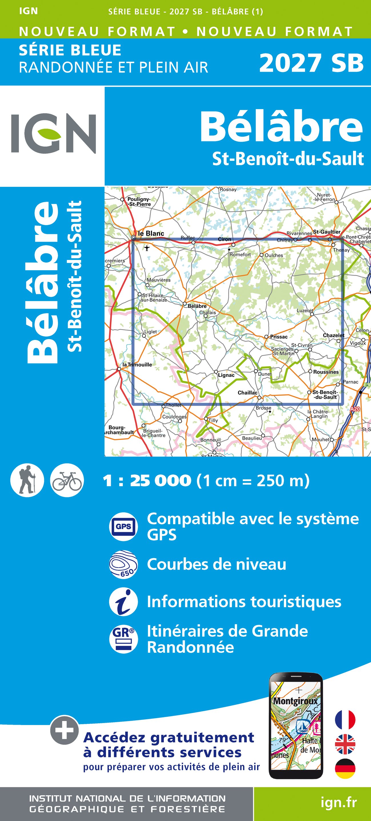 Online bestellen: Wandelkaart - Topografische kaart 2027 SB - Serie Bleue Bélâbre, Saint-Benoît-du-Sault | IGN - Institut Géographique National