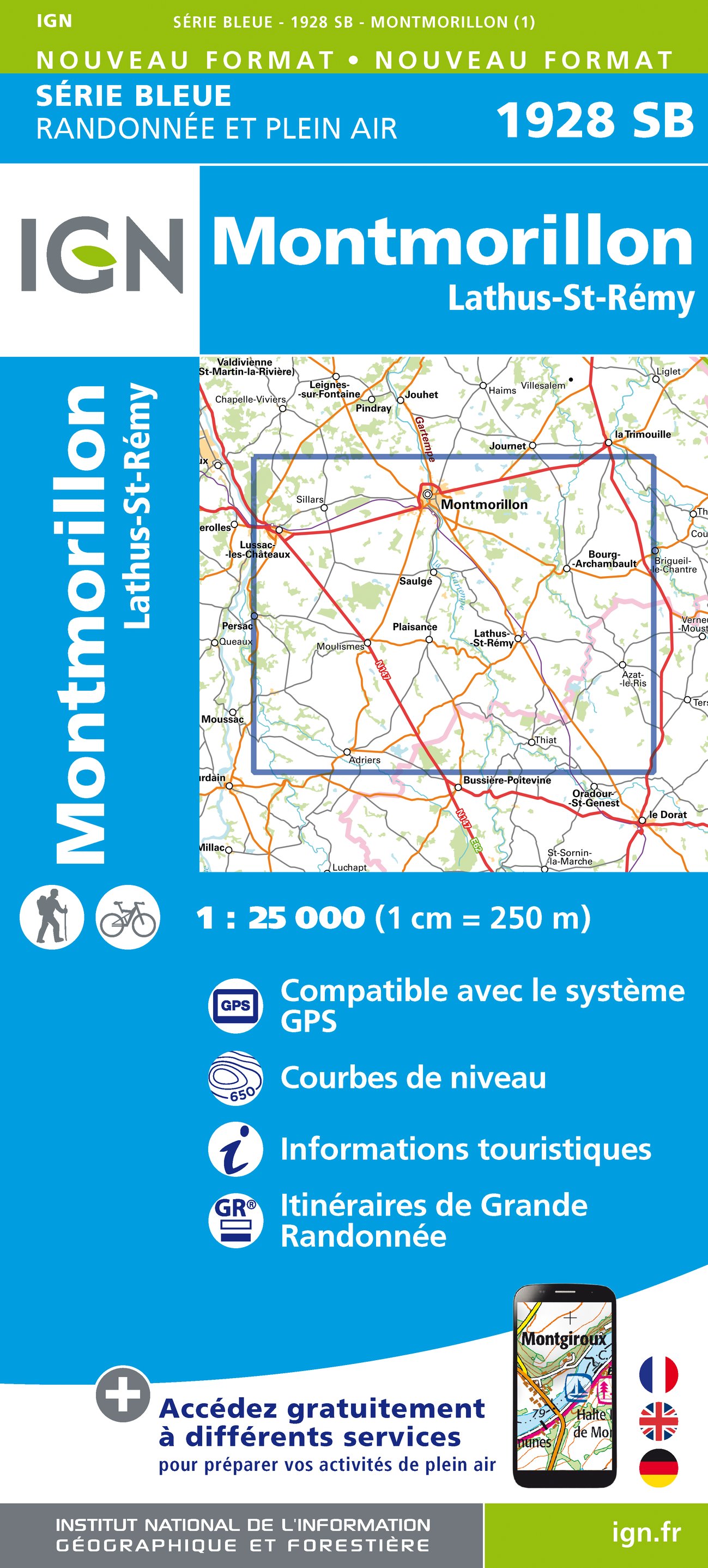 Online bestellen: Wandelkaart - Topografische kaart 1928 SB - Serie Bleue Montmorillon, Lathus-St-Rémy | IGN - Institut Géographique National