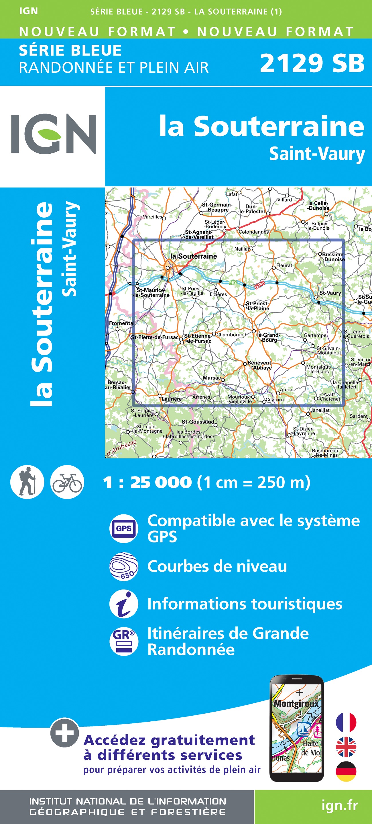 Online bestellen: Wandelkaart - Topografische kaart 2129 SB - Serie Bleue La Souterraine | IGN - Institut Géographique National