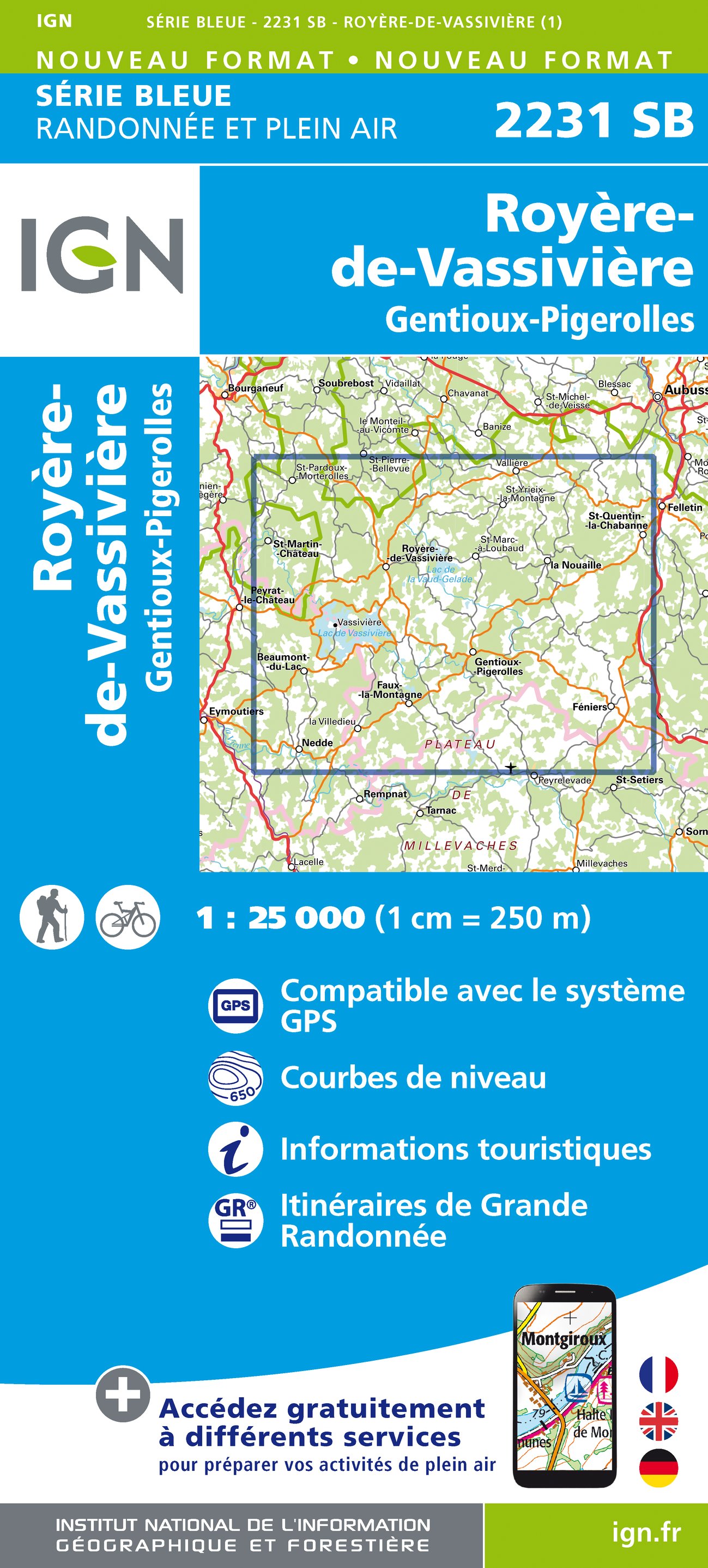 Online bestellen: Wandelkaart - Topografische kaart 2231 SB - Serie Bleue Gentioux-Pigerolles, Royère-de-Vassivière | IGN - Institut Géographique National