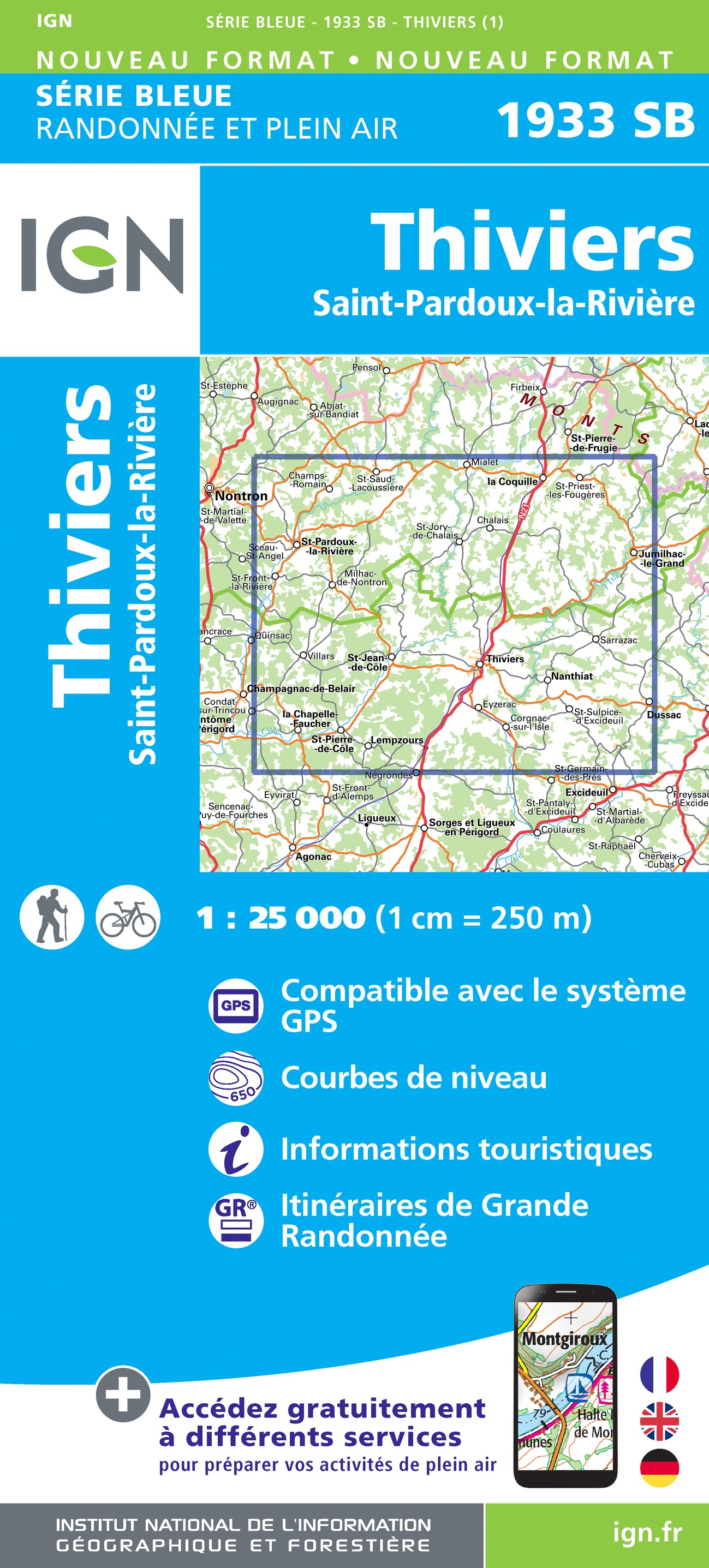 Online bestellen: Wandelkaart - Topografische kaart 1933 SB - Serie Bleue Thiviers, St-Pardoux-la-Rivière | IGN - Institut Géographique National