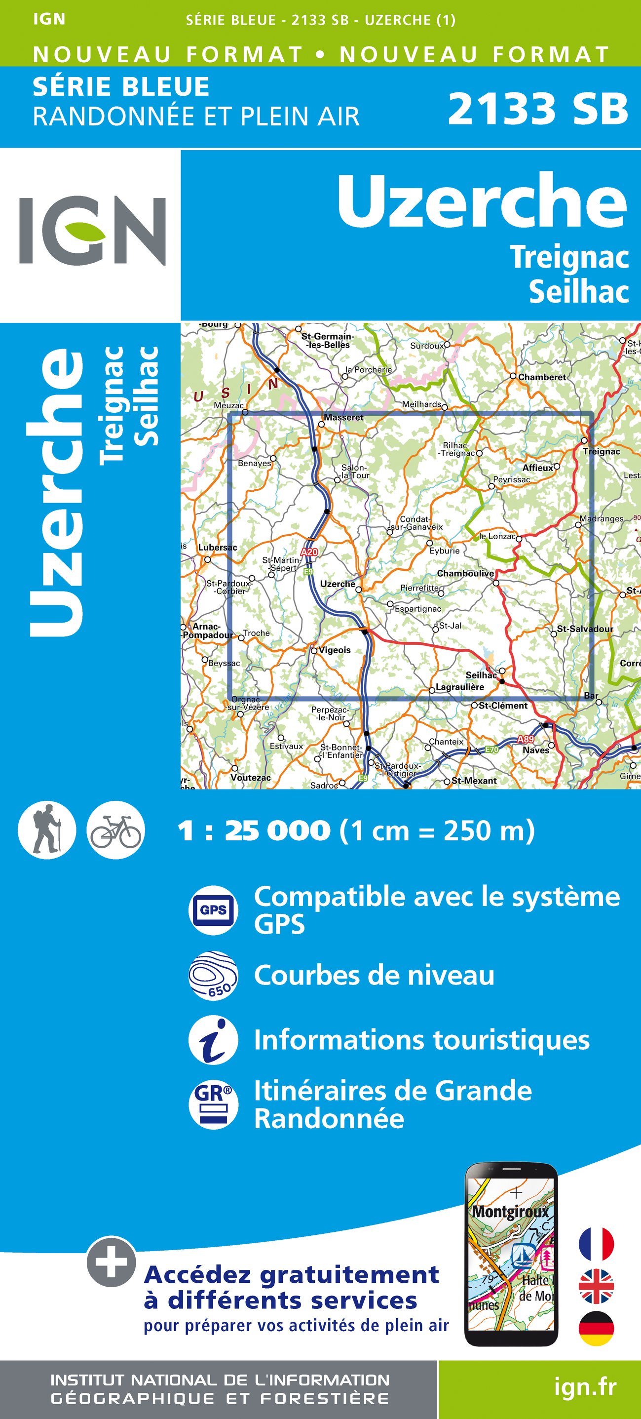 Online bestellen: Wandelkaart - Topografische kaart 2133 SB - Serie Bleue Uzerche, Treignac, Seilhac | IGN - Institut Géographique National