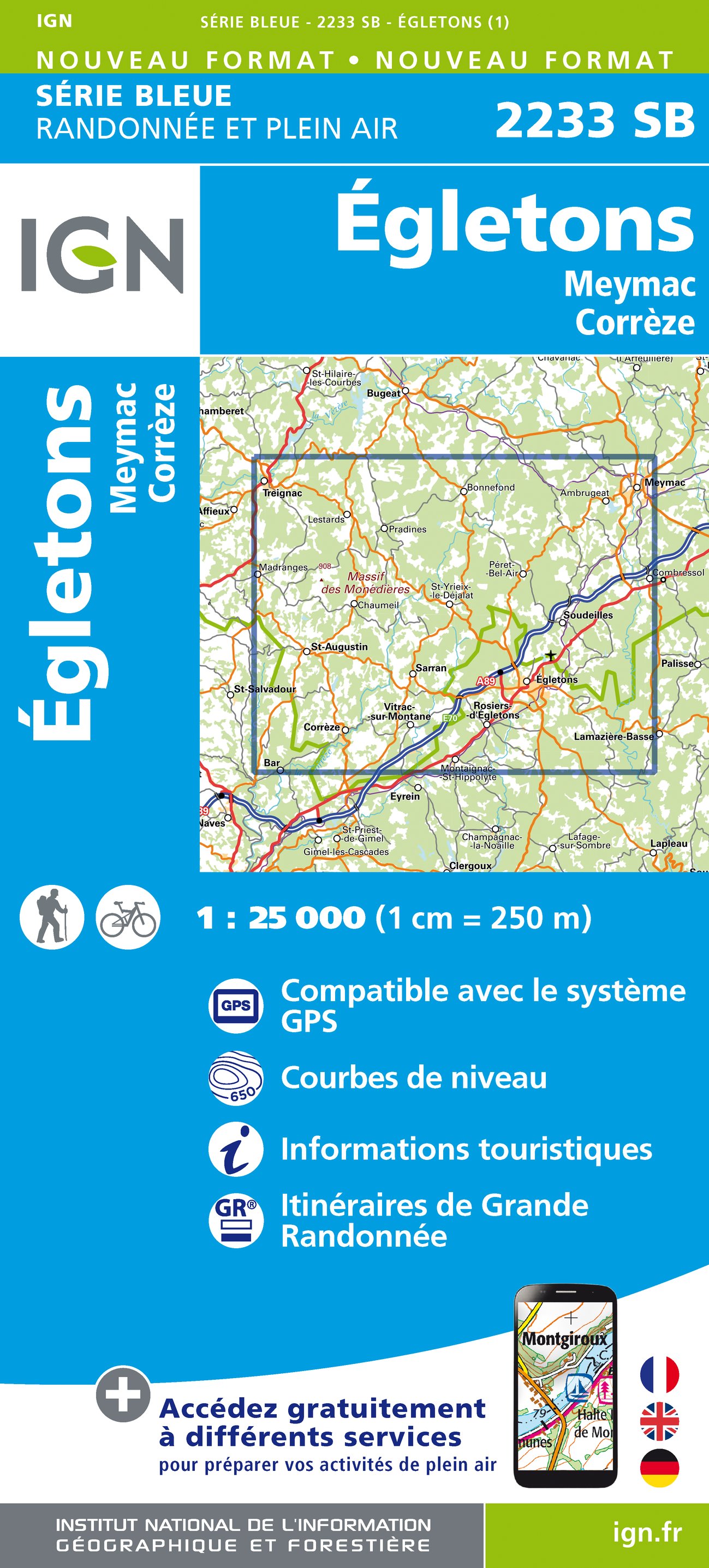 Online bestellen: Wandelkaart - Topografische kaart 2233 SB - Serie Bleue Egletons - Meymac - Corrèze | IGN - Institut Géographique National