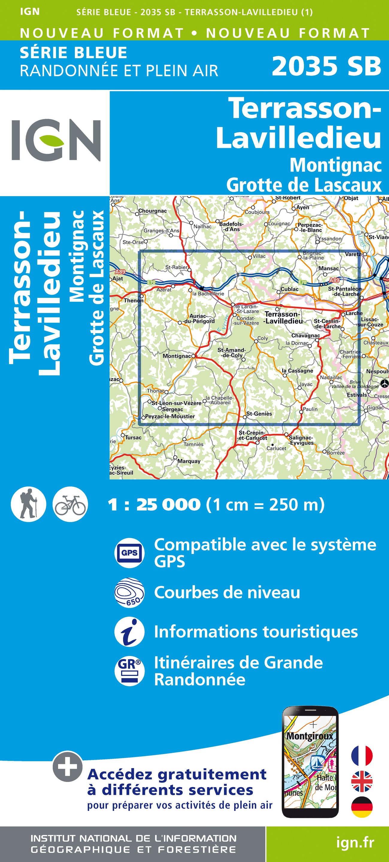 Online bestellen: Wandelkaart - Topografische kaart 2035 SB - Serie Bleue Terrasson-Lavilledieu, Montignac, Grotte de Lascaux | IGN - Institut Géographique National