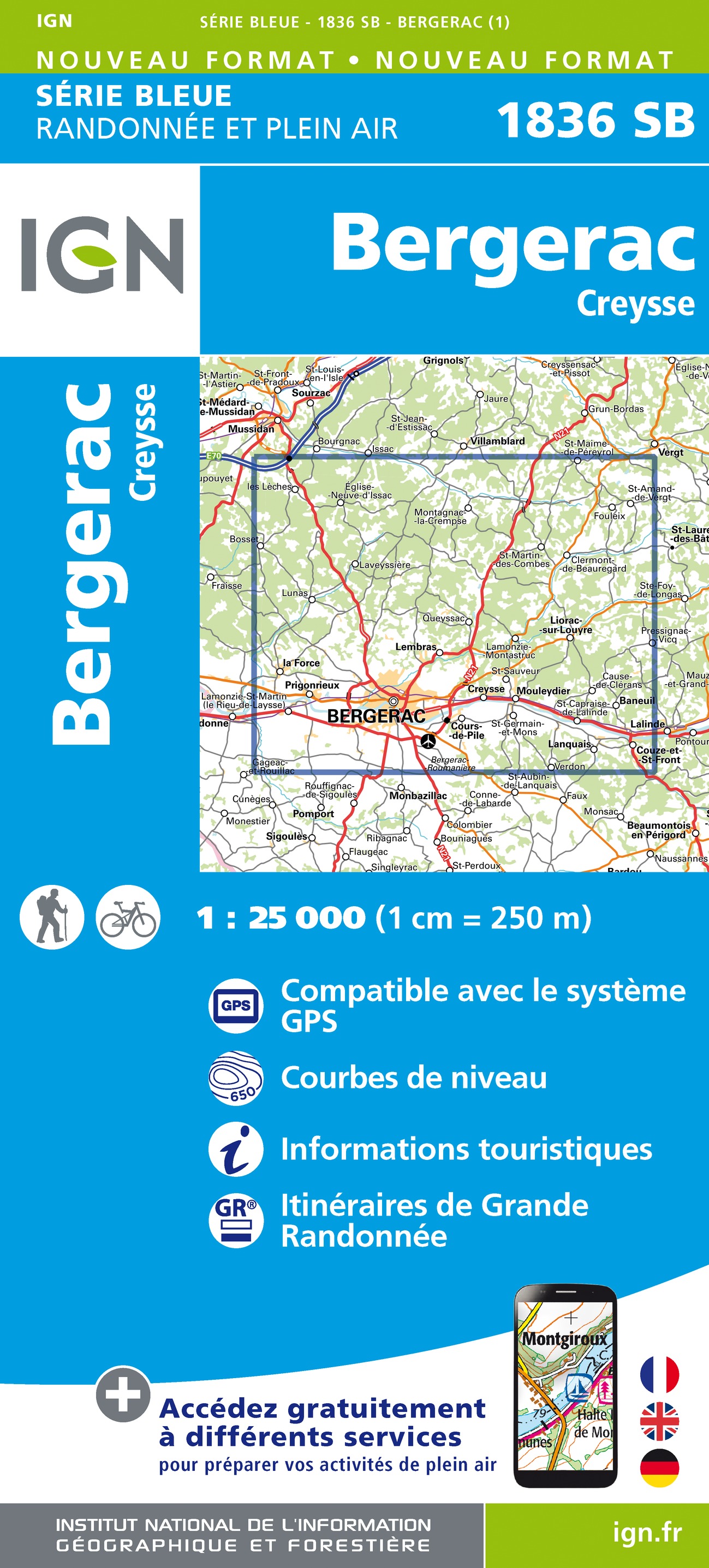 Online bestellen: Wandelkaart - Topografische kaart 1836 SB - Serie Bleue Creysse - Bergerac | IGN - Institut Géographique National