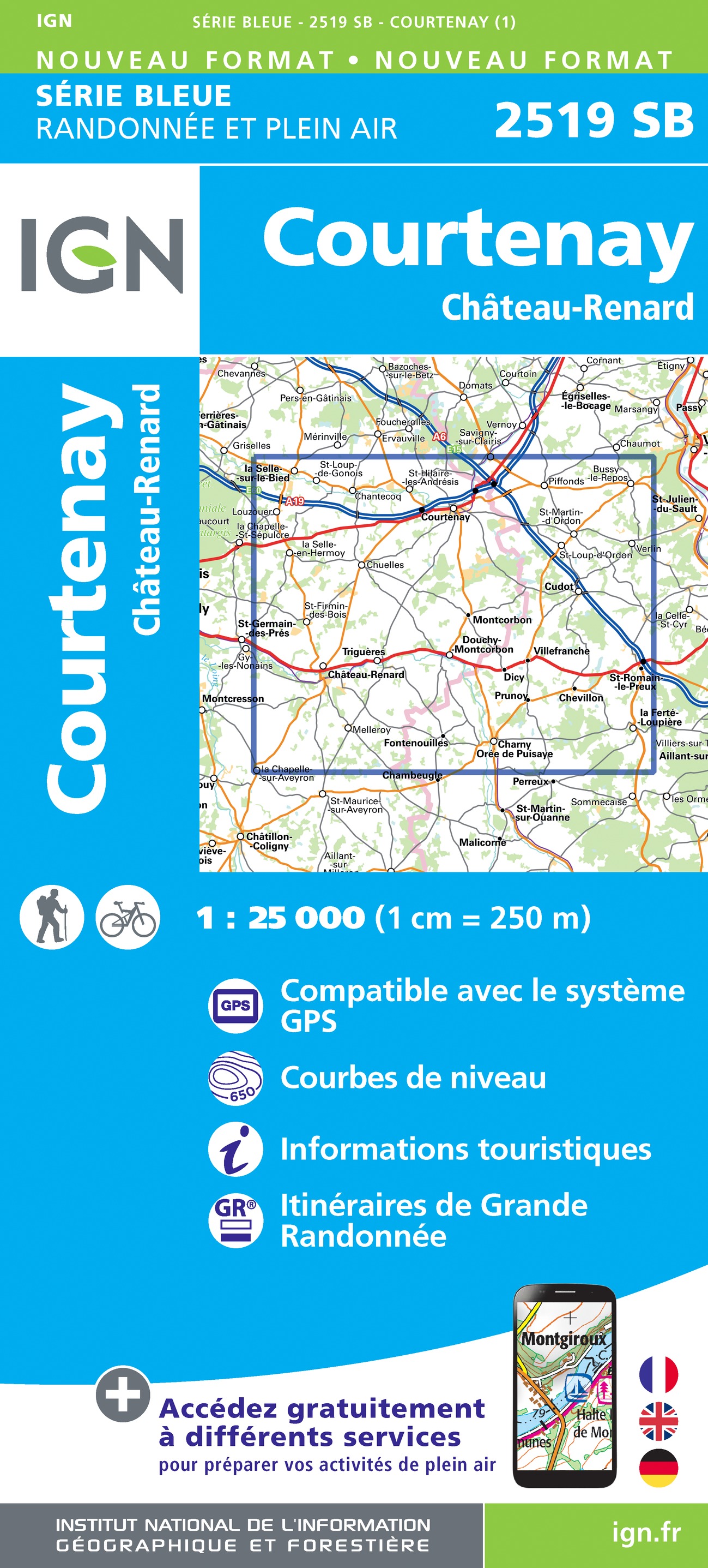 Online bestellen: Wandelkaart - Topografische kaart 2519 SB - Serie Bleue Courtenay, Château-Renard | IGN - Institut Géographique National