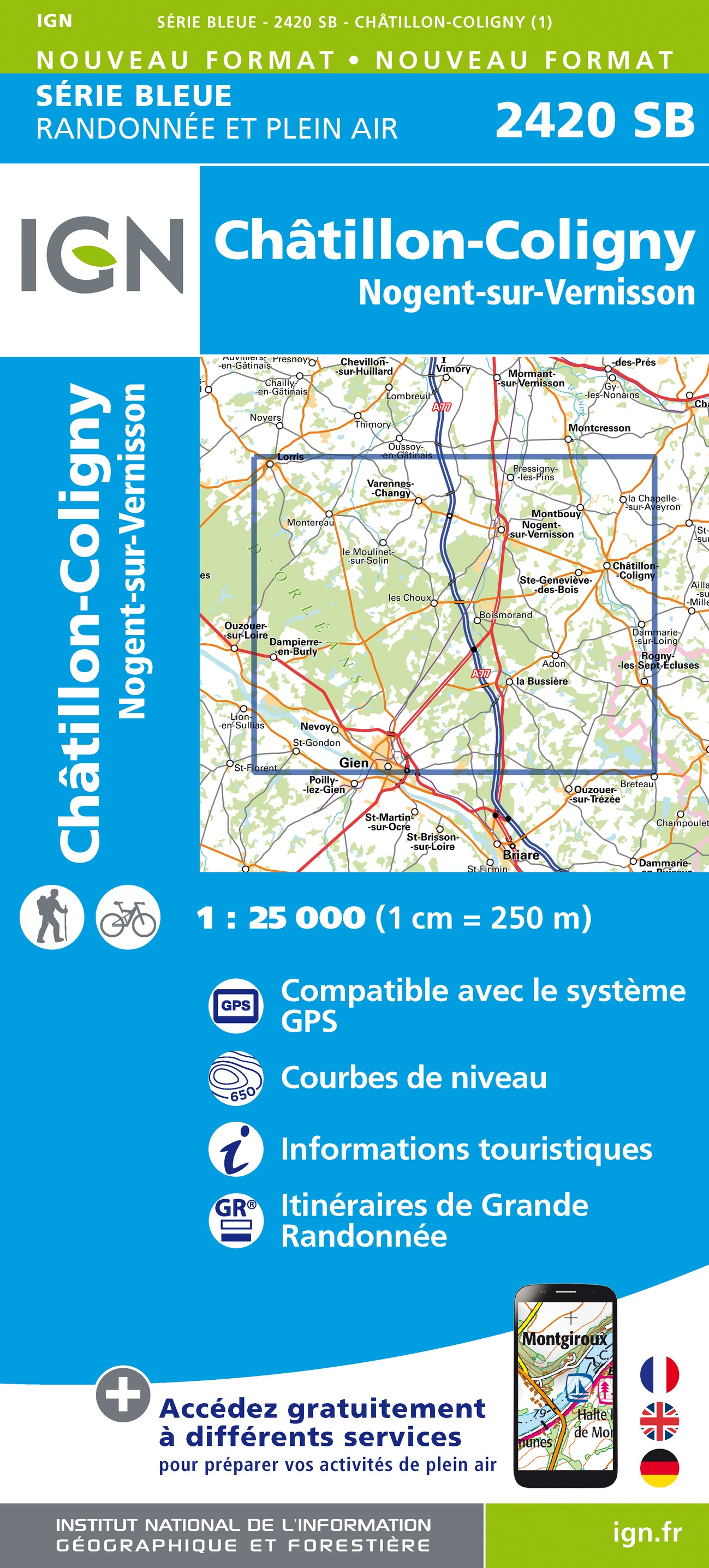 Online bestellen: Wandelkaart - Topografische kaart 2420 SB - Serie Bleue Châtillon-Coligny, Nogent-sur-Vernisson | IGN - Institut Géographique National