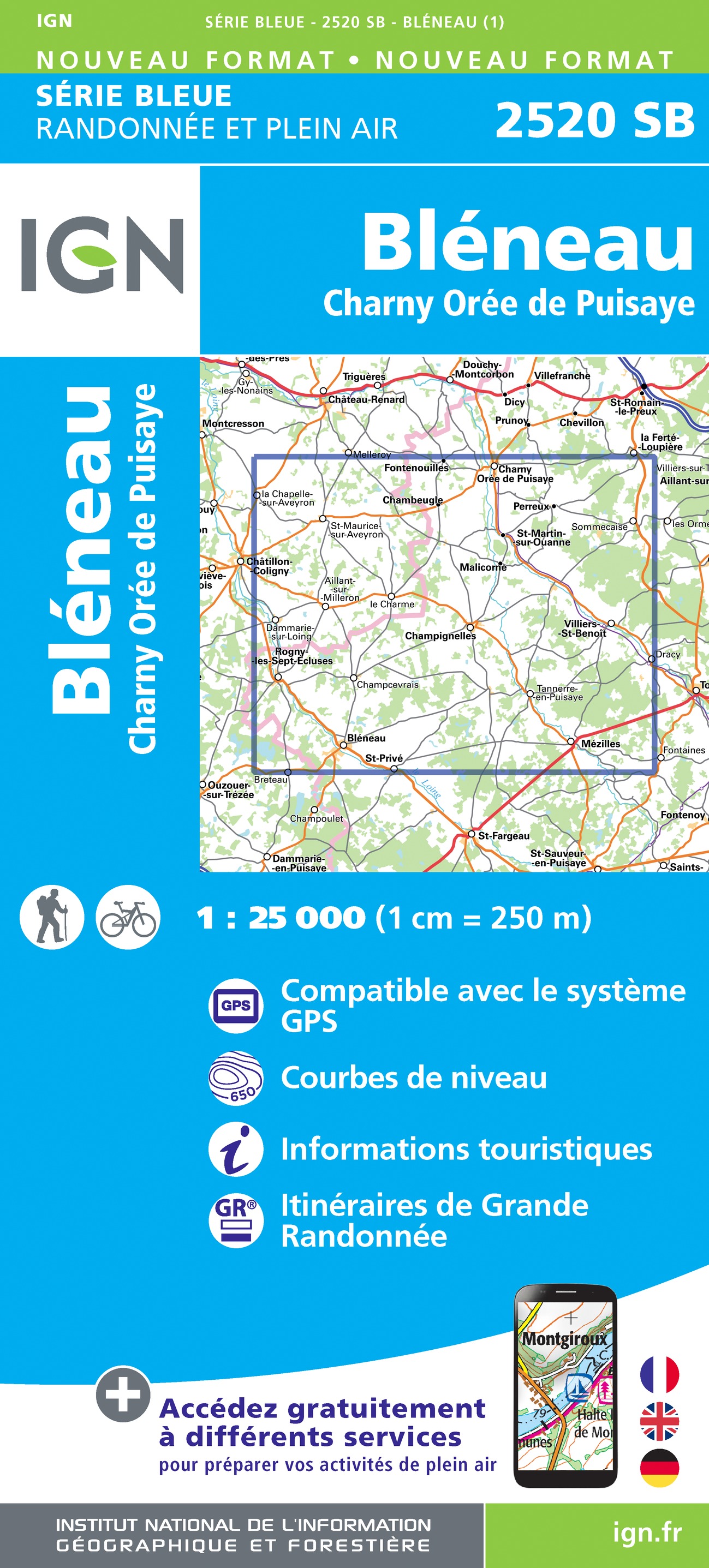 Online bestellen: Wandelkaart - Topografische kaart 2520 SB - Serie Bleue Champignelles, Bléneau, Charny Orée de Puisaye | IGN - Institut Géographique National