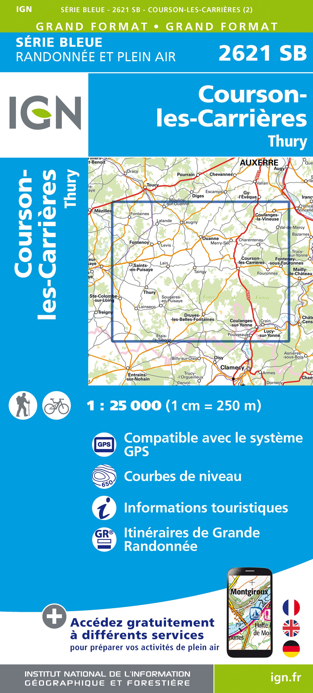 Online bestellen: Topografische kaart - Wandelkaart 2621 SB - Serie Bleue Courson-les-Carrières, Thury | IGN - Institut Géographique National