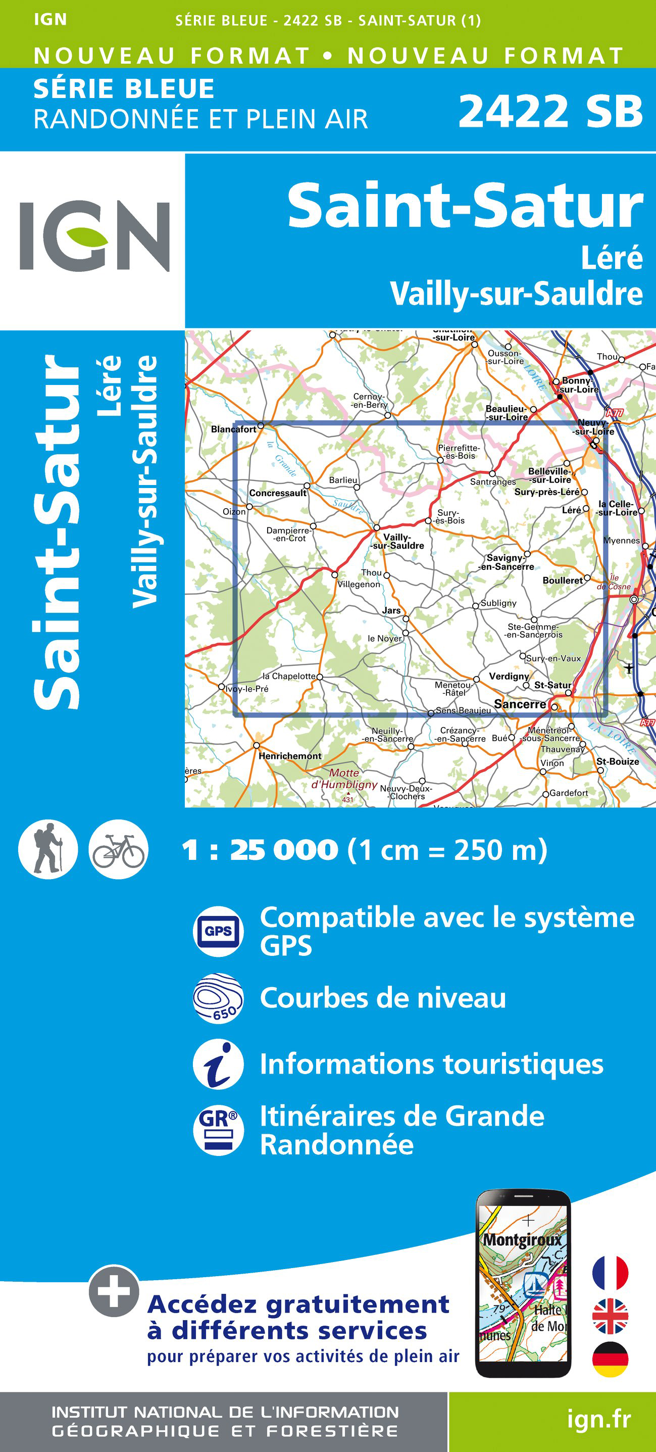 Online bestellen: Wandelkaart - Topografische kaart 2422 SB - Serie Bleue St-Satur, Léré, Vailly-sur-Sauldre | IGN - Institut Géographique National