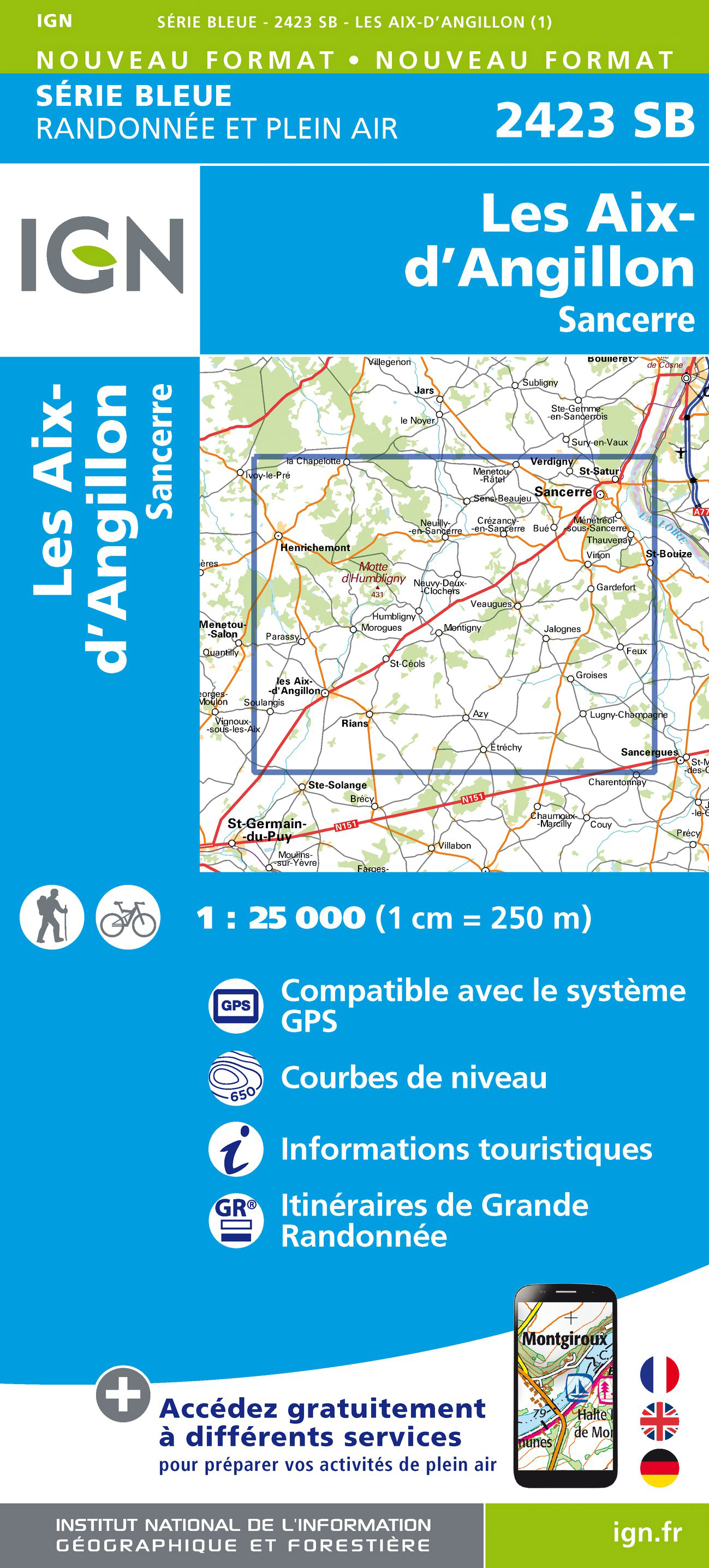 Online bestellen: Wandelkaart - Topografische kaart 2423 SB - Serie Bleue Les Aix-d'Angillon - Sancerre | IGN - Institut Géographique National