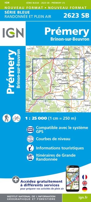 Online bestellen: Topografische kaart - Wandelkaart 2623SB Prémery | IGN - Institut Géographique National