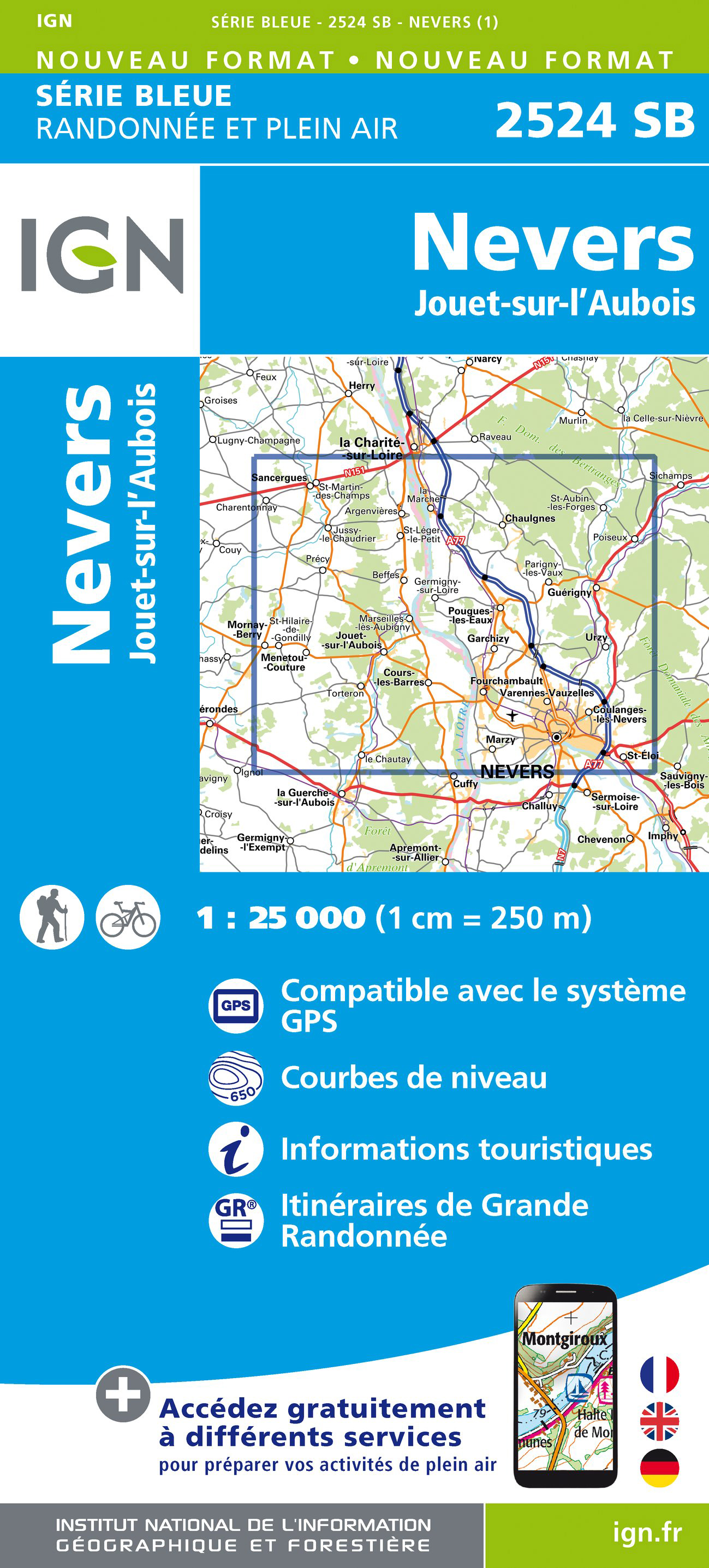 Online bestellen: Wandelkaart - Topografische kaart 2524 SB - Serie Bleue Nevers, Jouet-sur-l'Aubois | IGN - Institut Géographique National