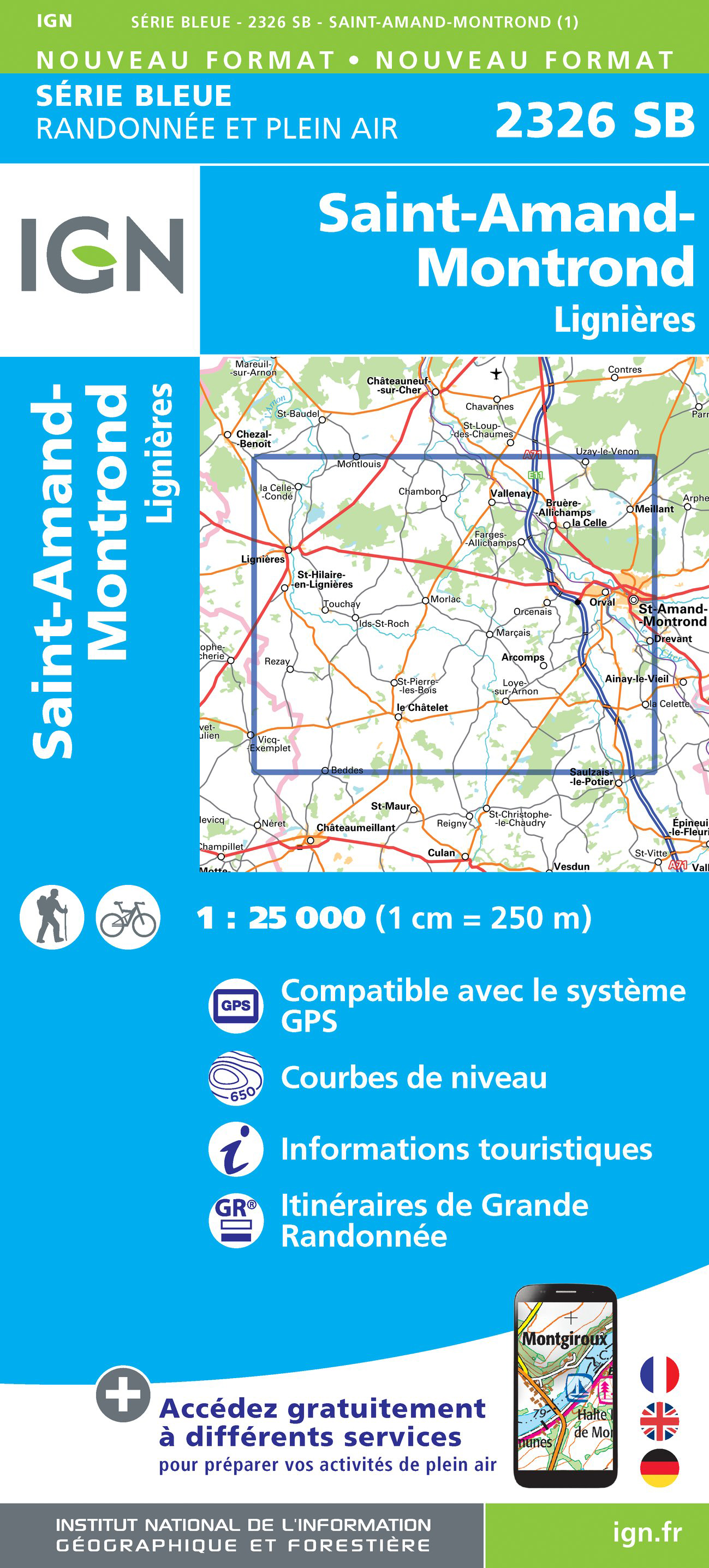 Online bestellen: Topografische kaart - Wandelkaart 2326 SB - Serie Bleue Saint-Amand-Montrond | IGN - Institut Géographique National