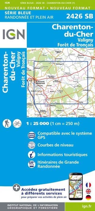 Online bestellen: Topografische kaart - Wandelkaart 2426SB Charenton-du-Cher | IGN - Institut Géographique National