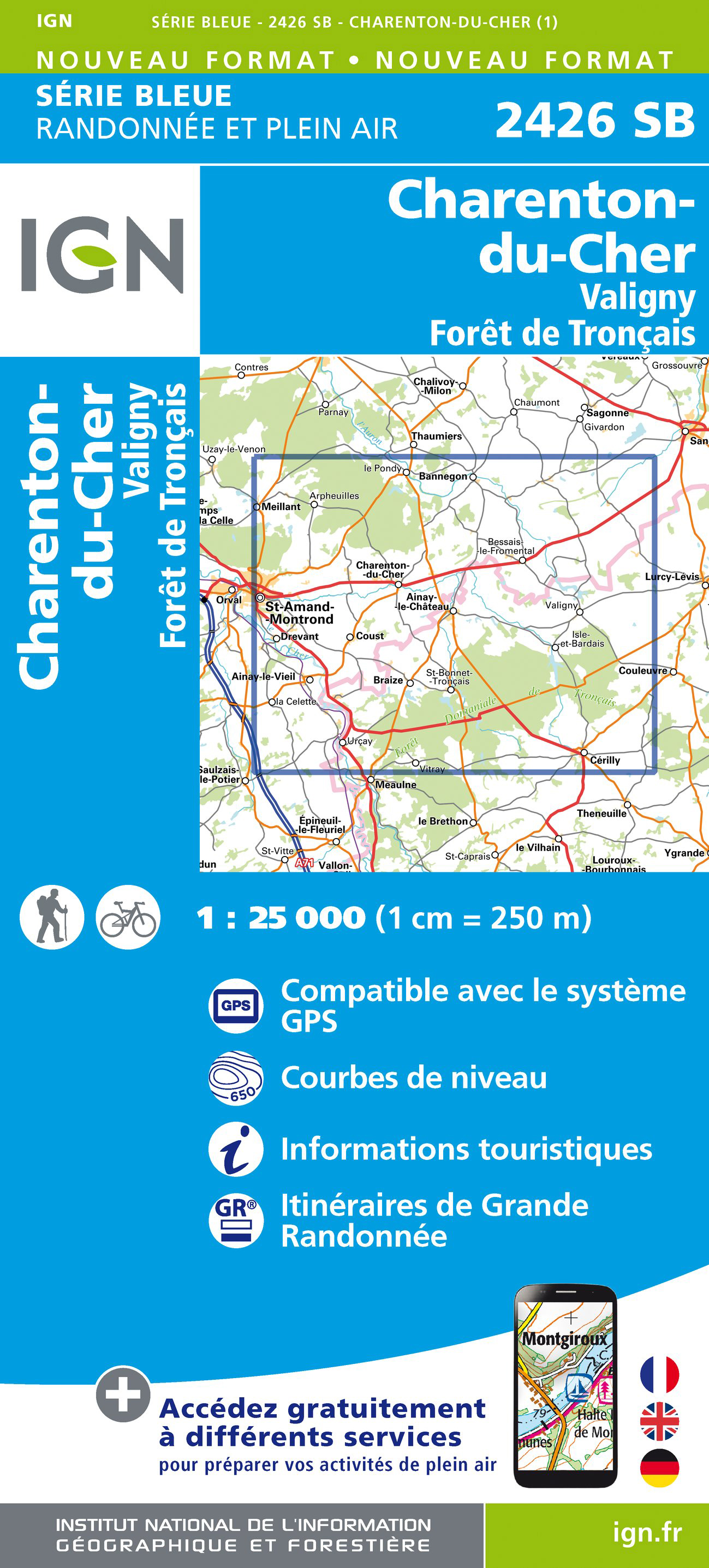 Online bestellen: Topografische kaart - Wandelkaart 2426 SB - Serie Bleue Charenton-du-Cher | IGN - Institut Géographique National