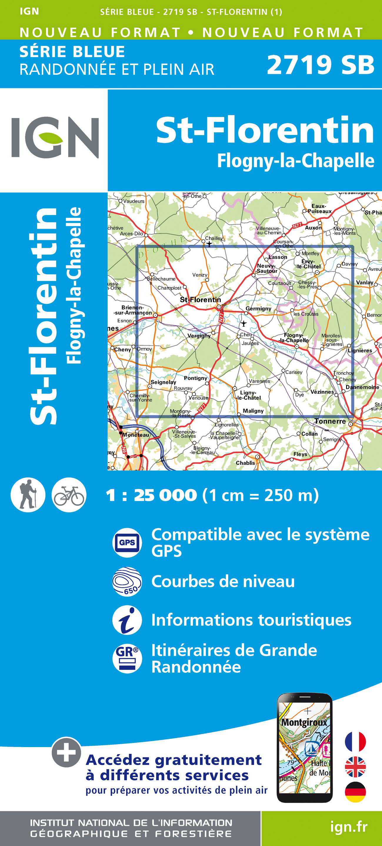 Online bestellen: Wandelkaart - Topografische kaart 2719 SB - Serie Bleue Saint-Florentin - Flogny-la-Chapelle | IGN - Institut Géographique National