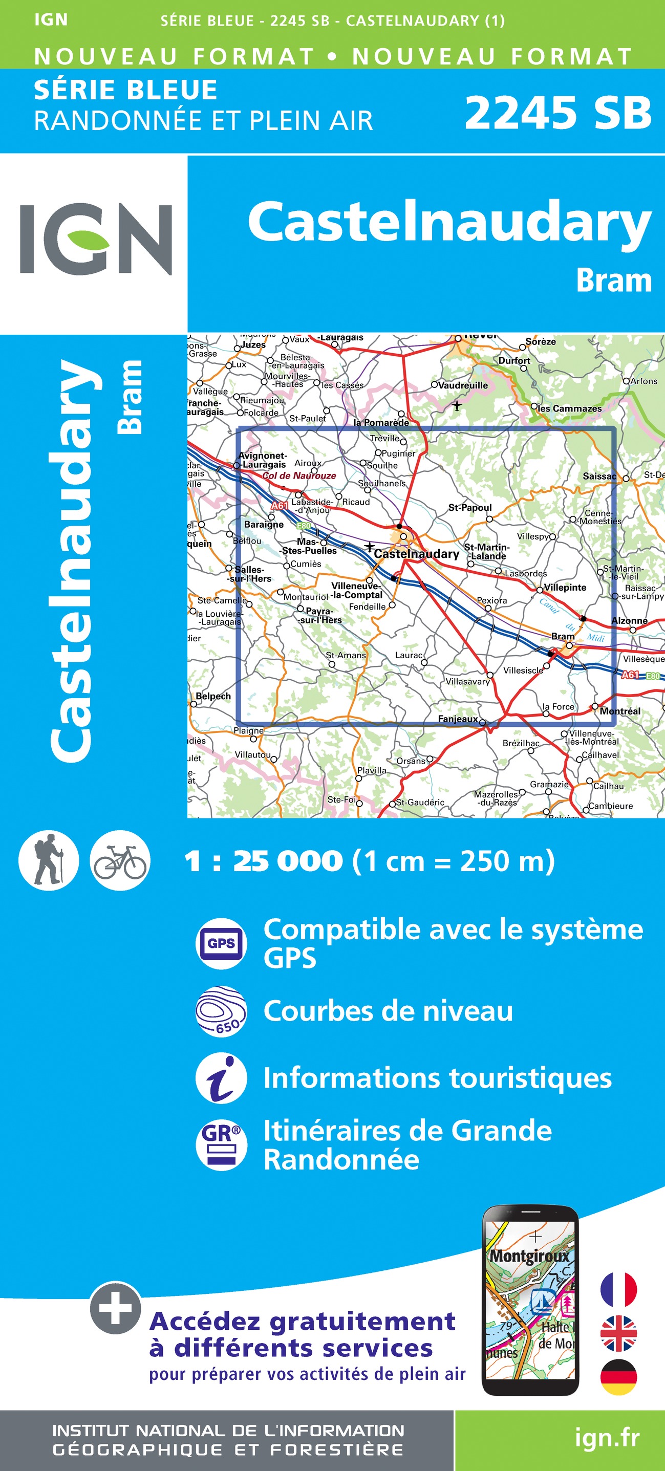 Online bestellen: Wandelkaart - Topografische kaart 2245 SB - Serie Bleue Bram - Castelnaudary | IGN - Institut Géographique National