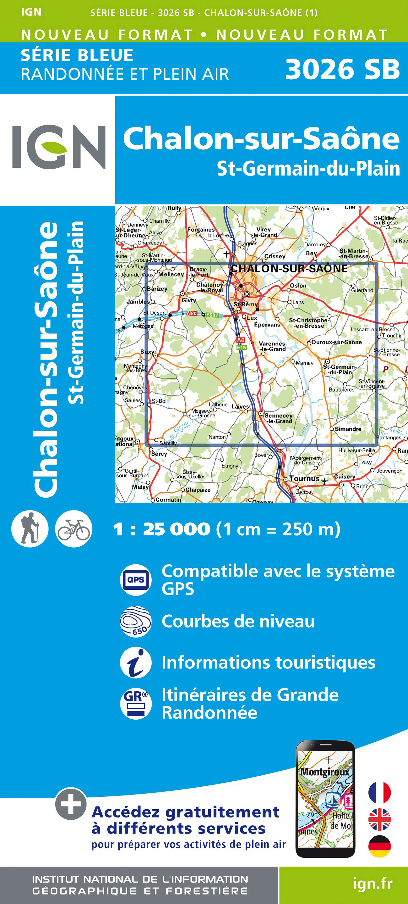 Online bestellen: Wandelkaart - Topografische kaart 3026 SB - Serie Bleue Chalon-sur-Saône, St-Gernain-du-Plain | IGN - Institut Géographique National