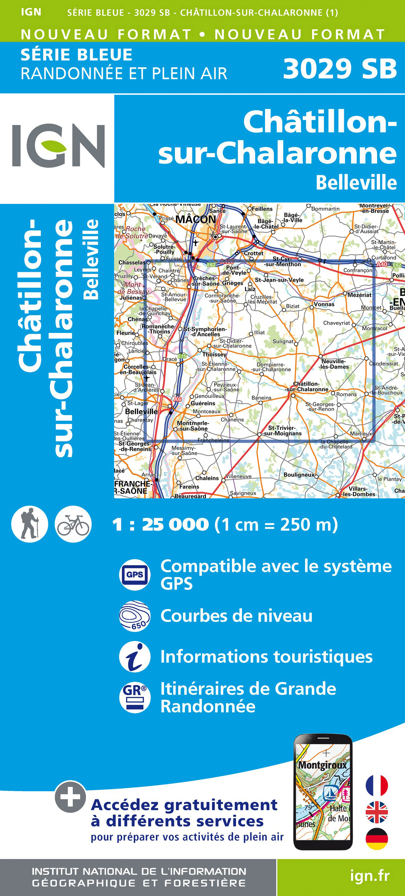 Online bestellen: Wandelkaart - Topografische kaart 3029 SB - Serie Bleue Châtillon-sur-Chalaronne - Belleville | IGN - Institut Géographique National