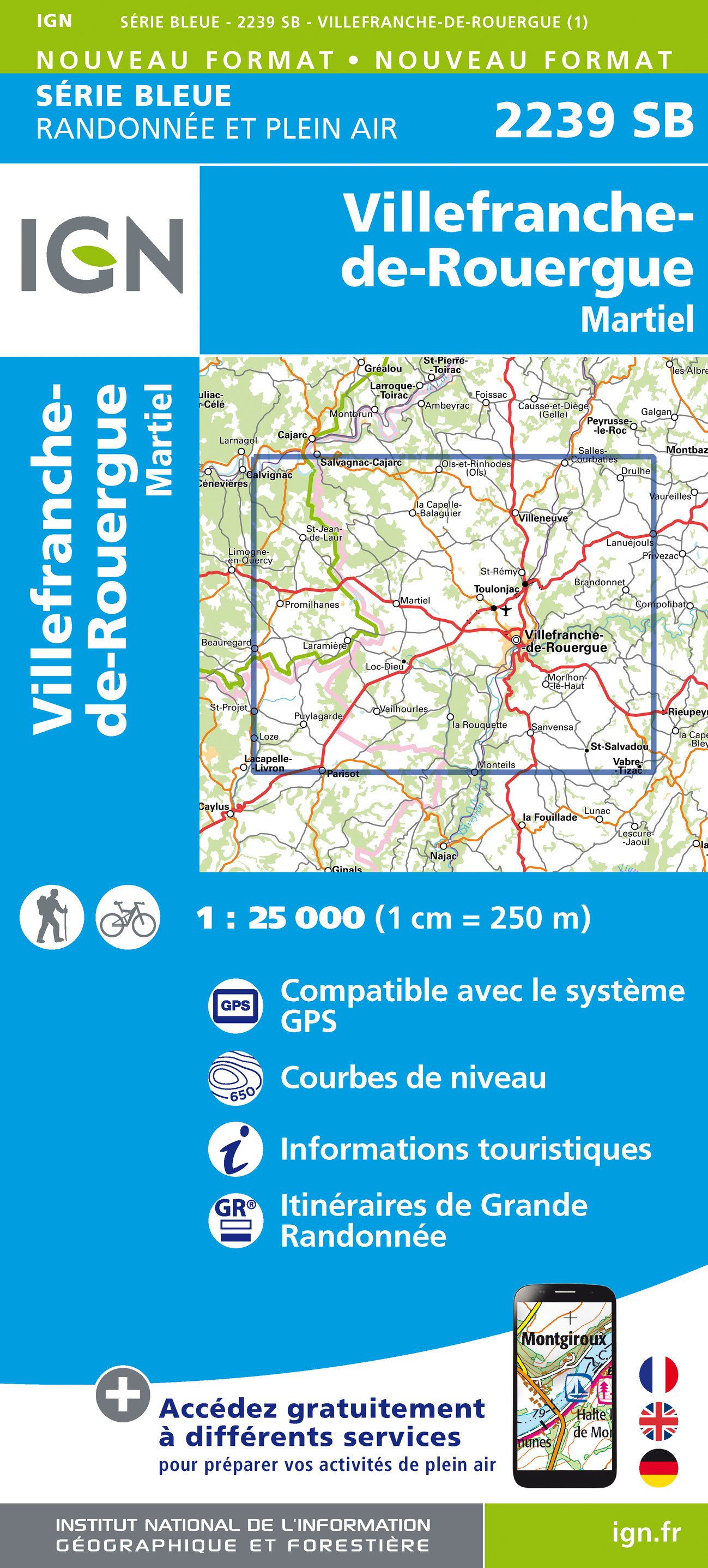 Online bestellen: Wandelkaart - Topografische kaart 2239 SB - Serie Bleue Villefranche-de-Rouergue, Martiel | IGN - Institut Géographique National