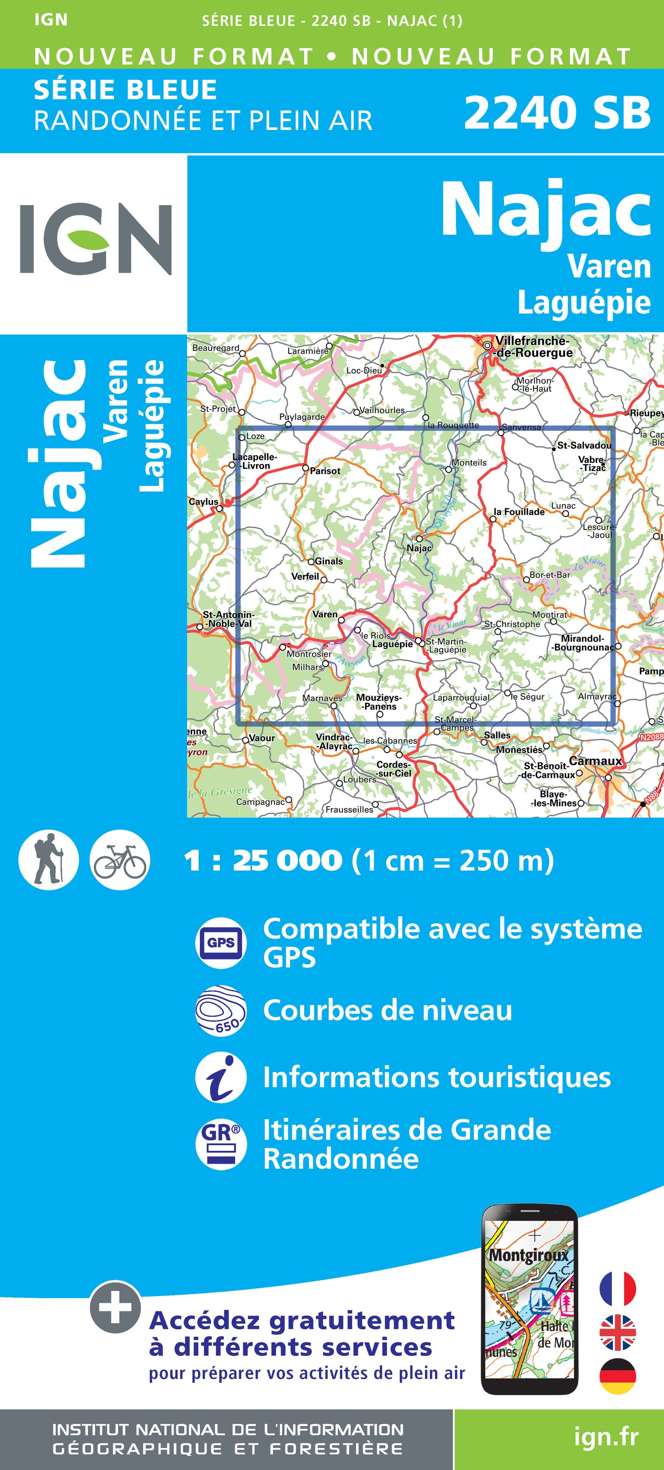 Online bestellen: Wandelkaart - Topografische kaart 2240 SB - Serie Bleue Varen, Laguépie, Najac | IGN - Institut Géographique National