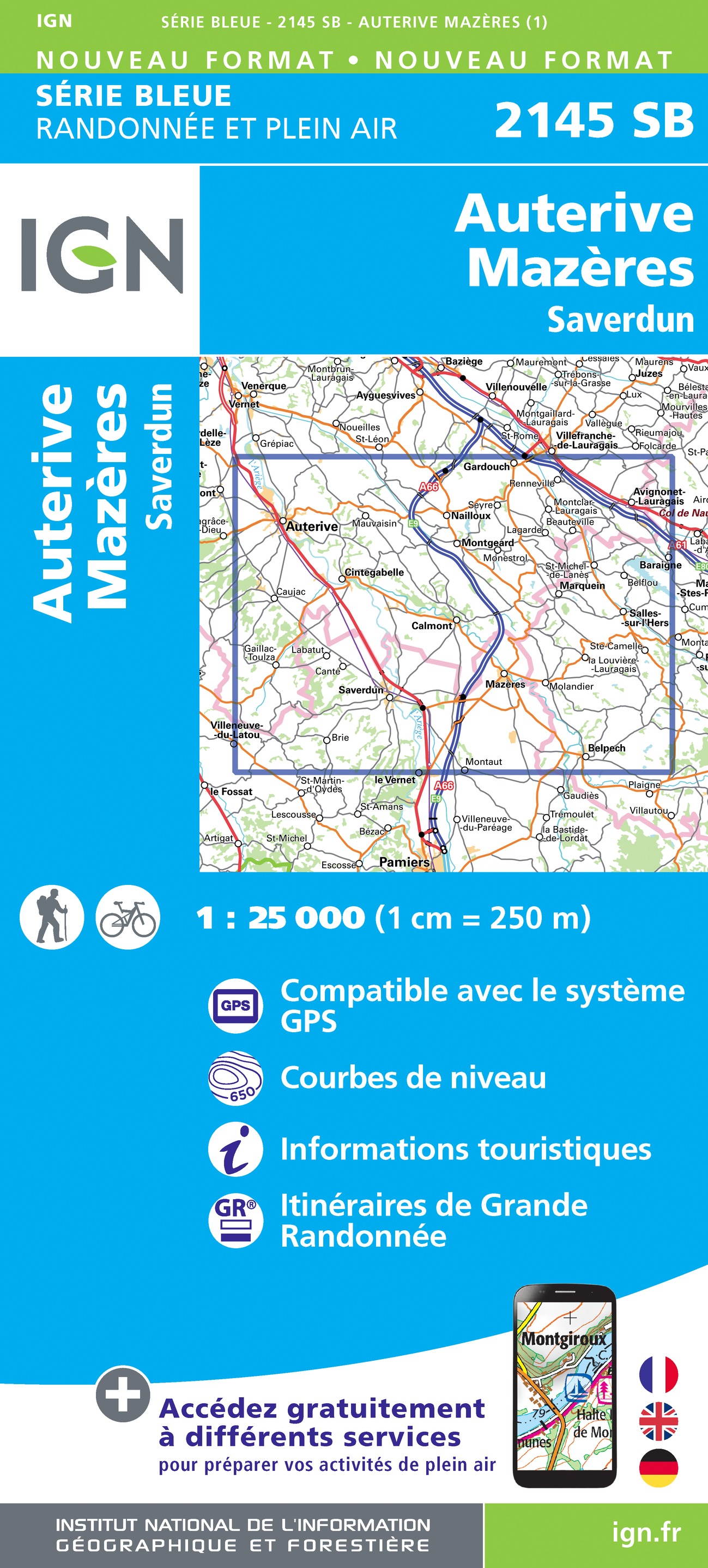 Online bestellen: Wandelkaart - Topografische kaart 2145 SB - Serie Bleue Auterive - Mazères - Saverdun | IGN - Institut Géographique National