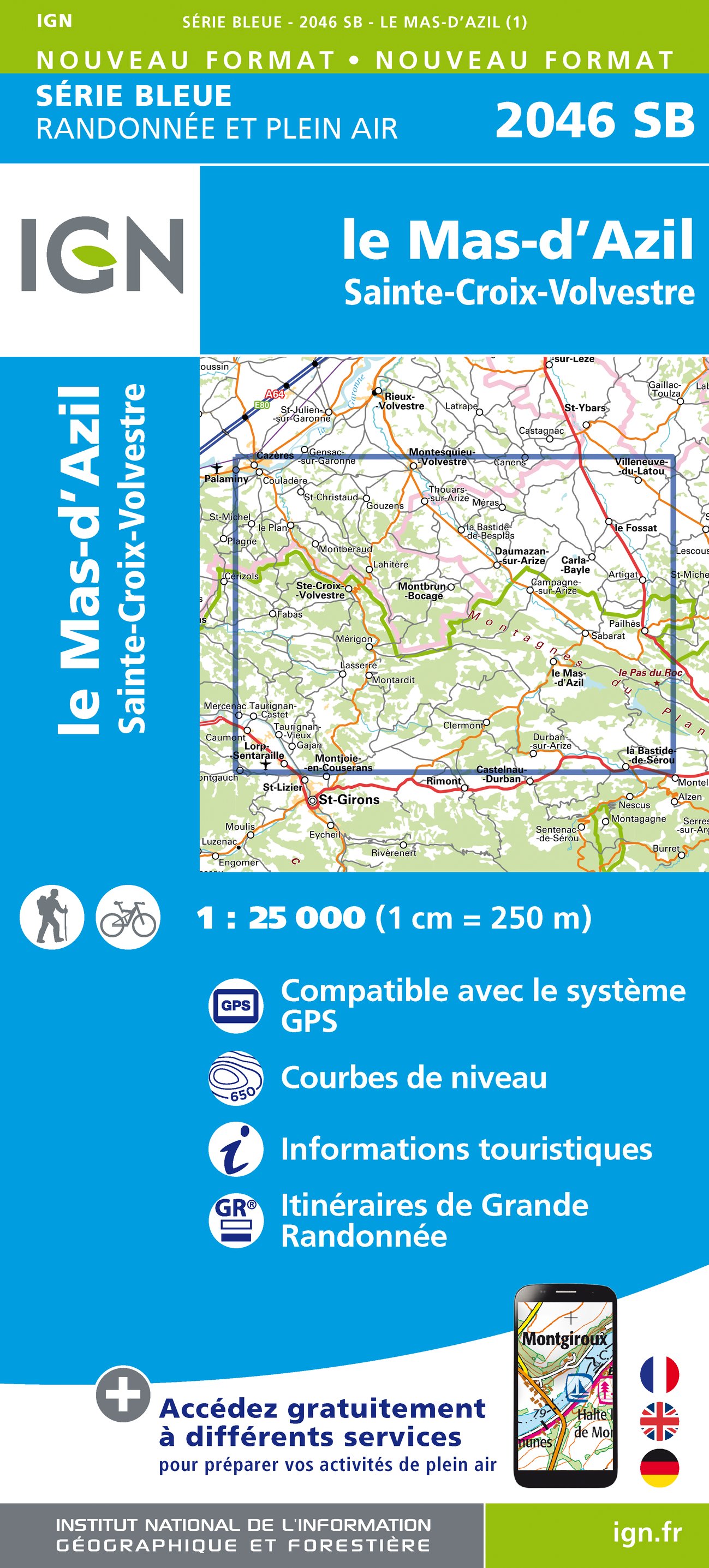 Online bestellen: Wandelkaart - Topografische kaart 2046 SB - Serie Bleue Le Mas-d'Azil, Ste-Croix-Volvestre | IGN - Institut Géographique National