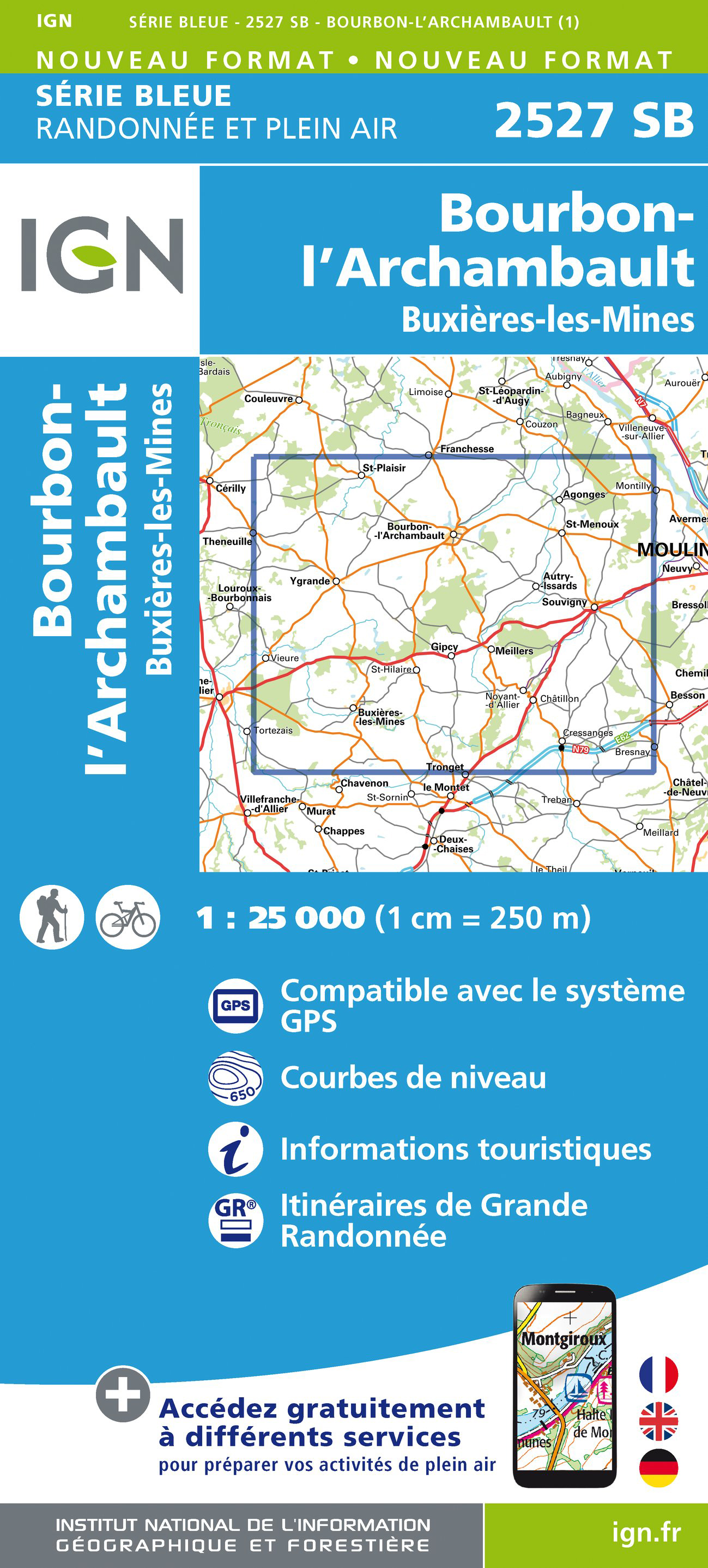 Online bestellen: Topografische kaart - Wandelkaart 2527 SB - Serie Bleue Bourbon-l'Archambault | IGN - Institut Géographique National