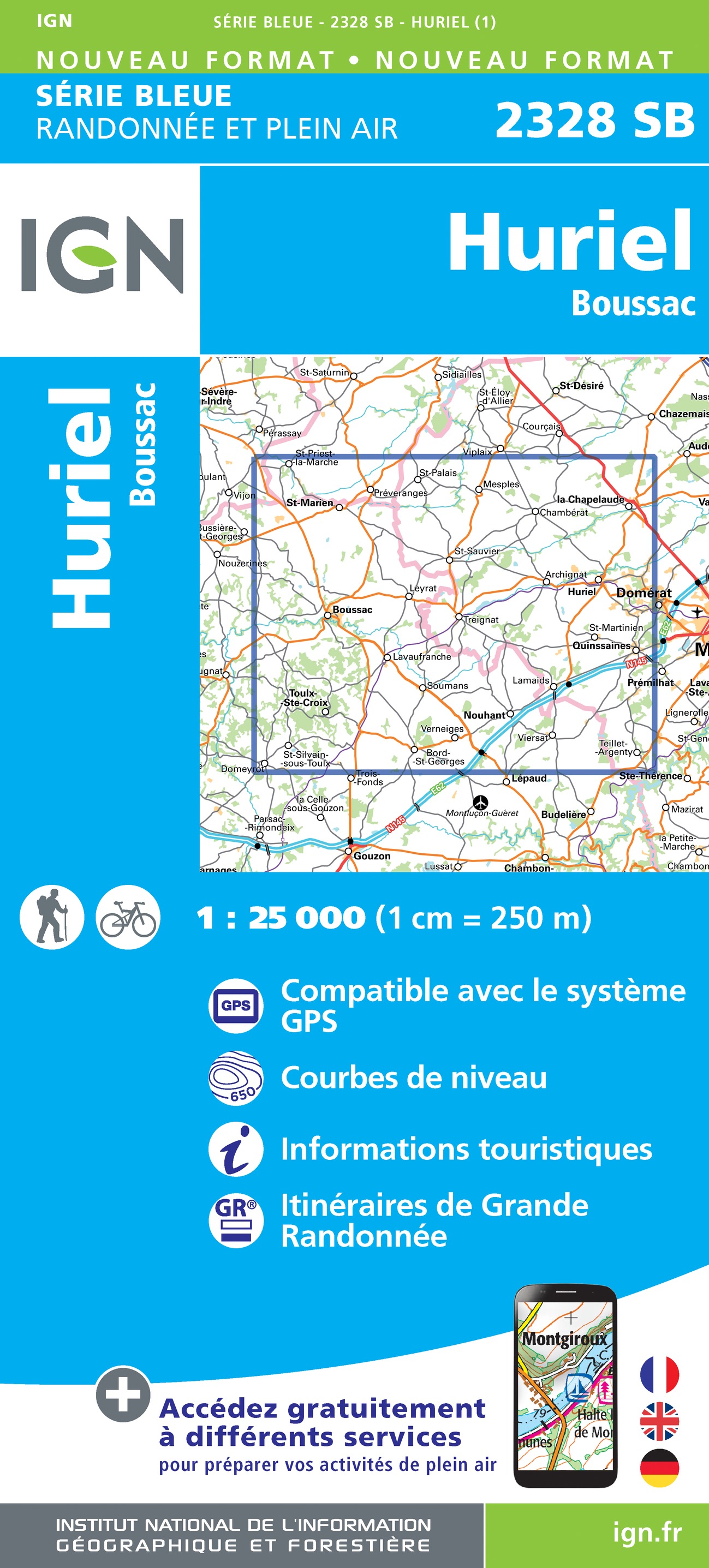 Online bestellen: Wandelkaart - Topografische kaart 2328 SB - Serie Bleue Huriel - Boussac | IGN - Institut Géographique National