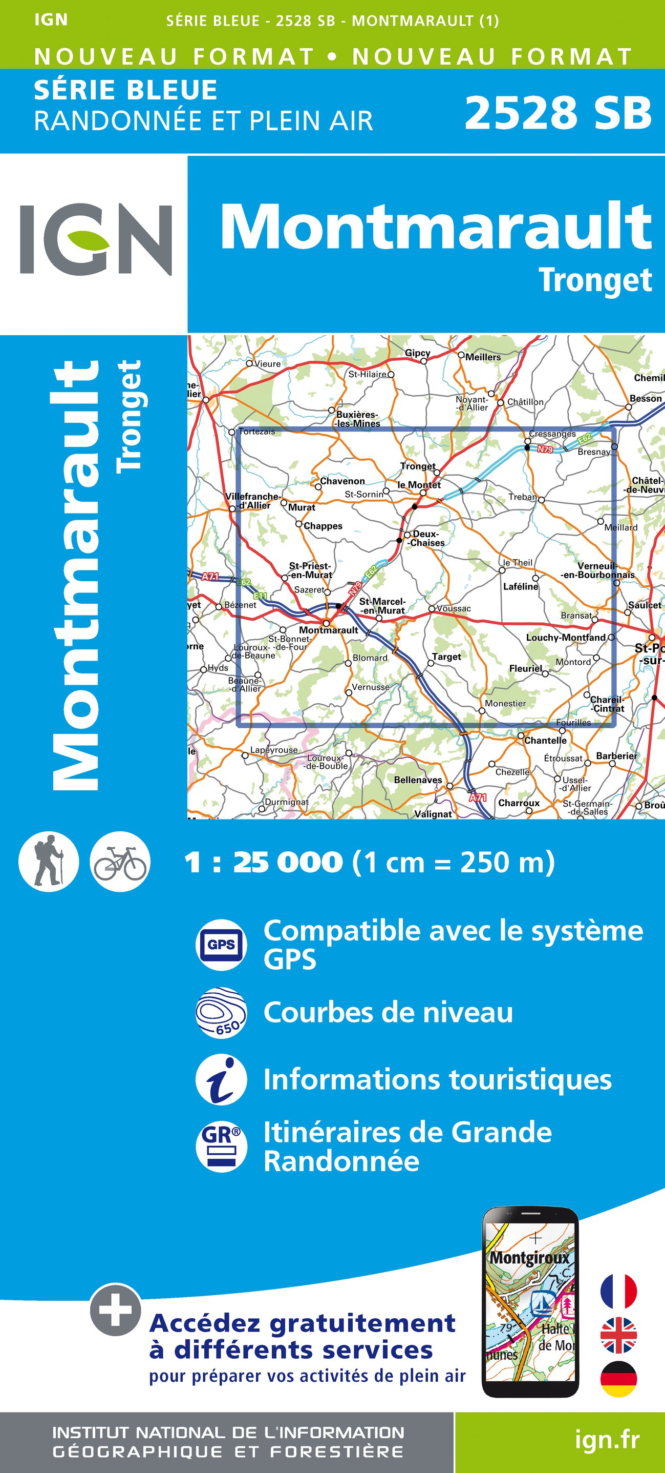 Online bestellen: Wandelkaart - Topografische kaart 2528 SB - Serie Bleue Tronget - Montmarault | IGN - Institut Géographique National