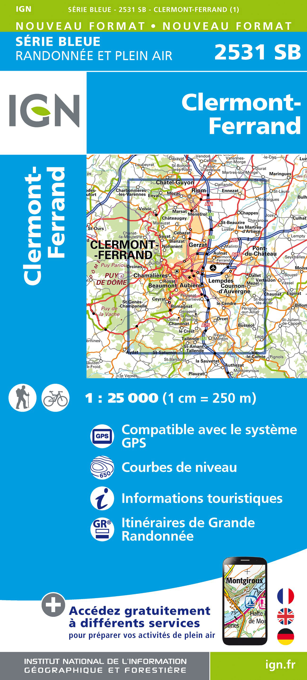 Online bestellen: Wandelkaart - Topografische kaart 2531 SB - Serie Bleue Clermont-Ferrand | IGN - Institut Géographique National