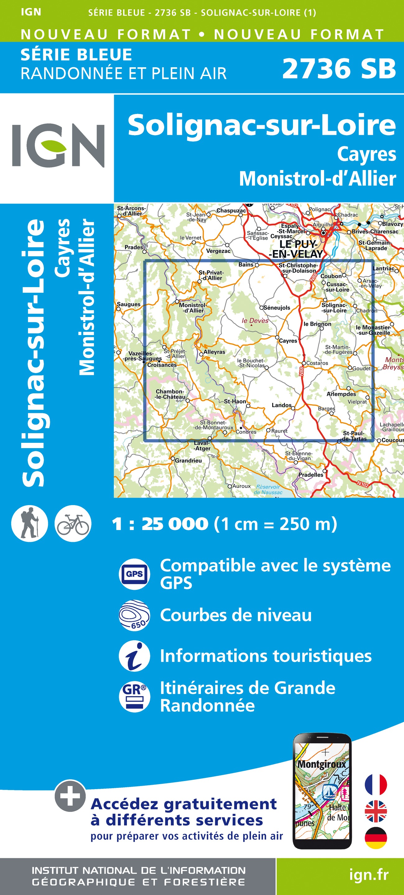 Online bestellen: Wandelkaart - Topografische kaart 2736 SB - Serie Bleue Monistrol d'Allier, Solignac-sur-Loire, Cayres | IGN - Institut Géographique National