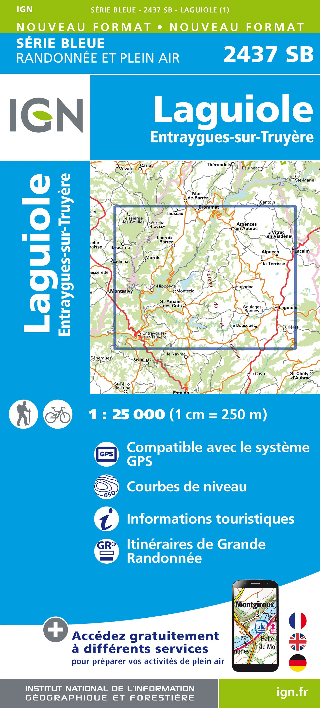 Online bestellen: Wandelkaart - Topografische kaart 2437 SB - Serie Bleue Laguiole, Entraygues-sur-Truyere | IGN - Institut Géographique National