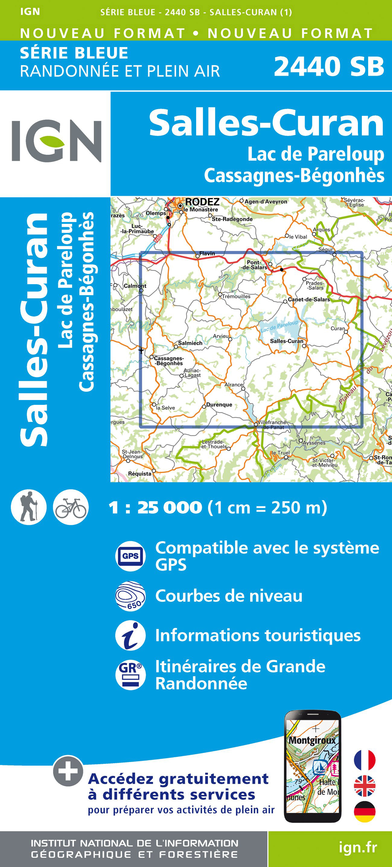 Online bestellen: Wandelkaart - Topografische kaart 2440 SB - Serie Bleue Salles-Curan, Lac de Pareloup, Cassagnes, Begonhes | IGN - Institut Géographique National