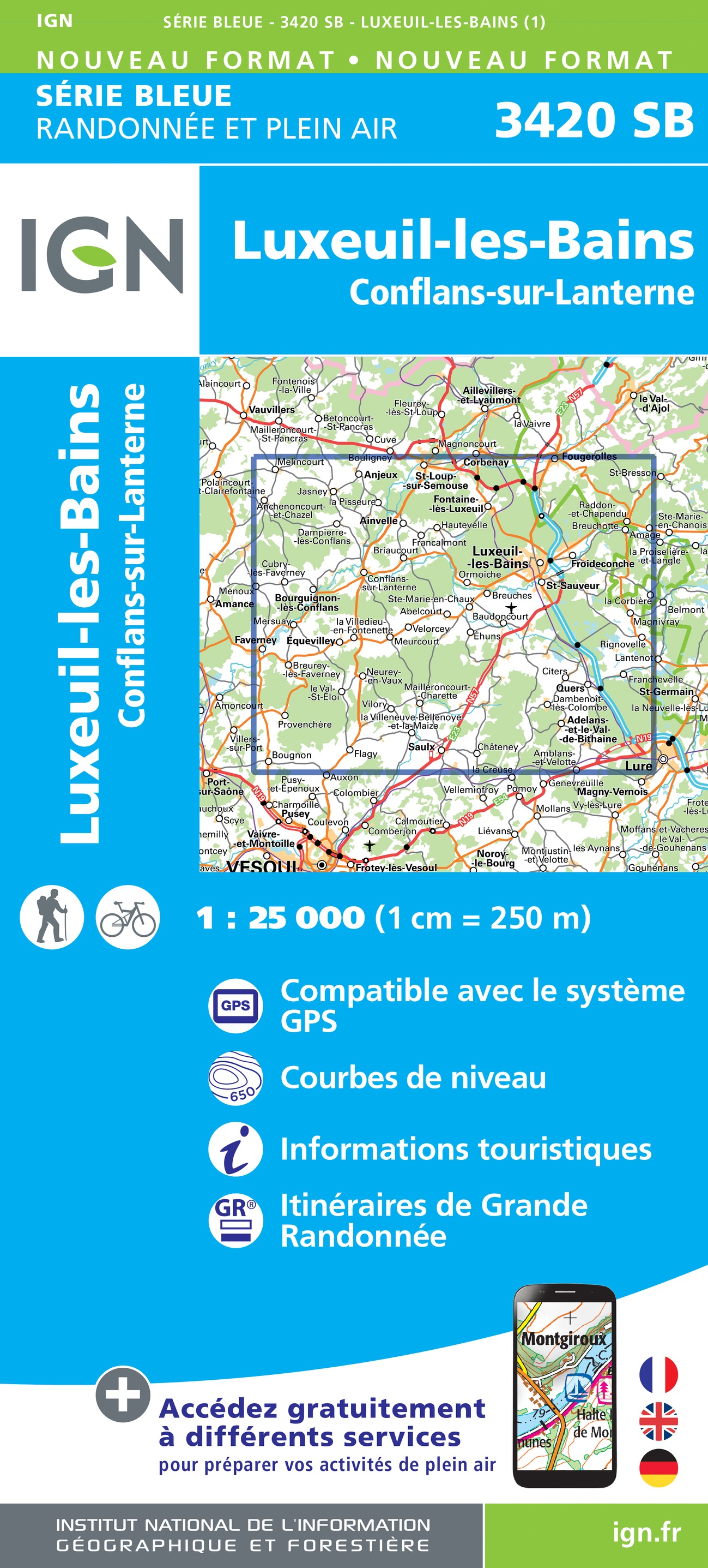 Online bestellen: Wandelkaart - Topografische kaart 3420 SB - Serie Bleue Luxeuil-les-Bains, Conflans-sur-Lanterne | IGN - Institut Géographique National