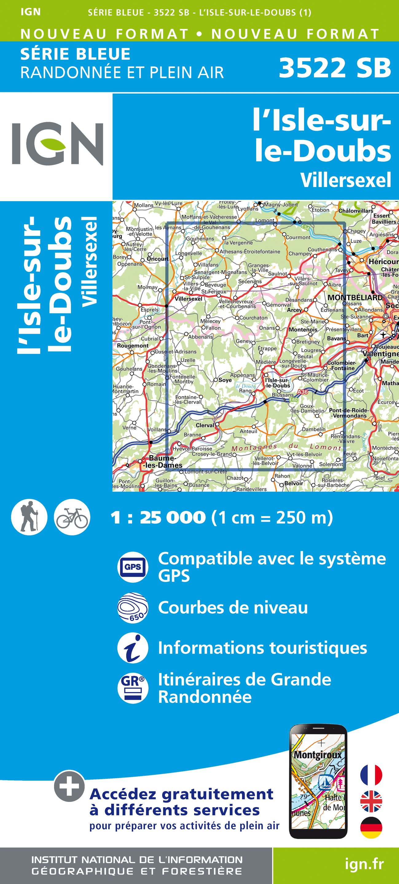 Online bestellen: Wandelkaart - Topografische kaart 3522 SB - Serie Bleue L'Isle-sur-le-Doubs, Villersexel | IGN - Institut Géographique National