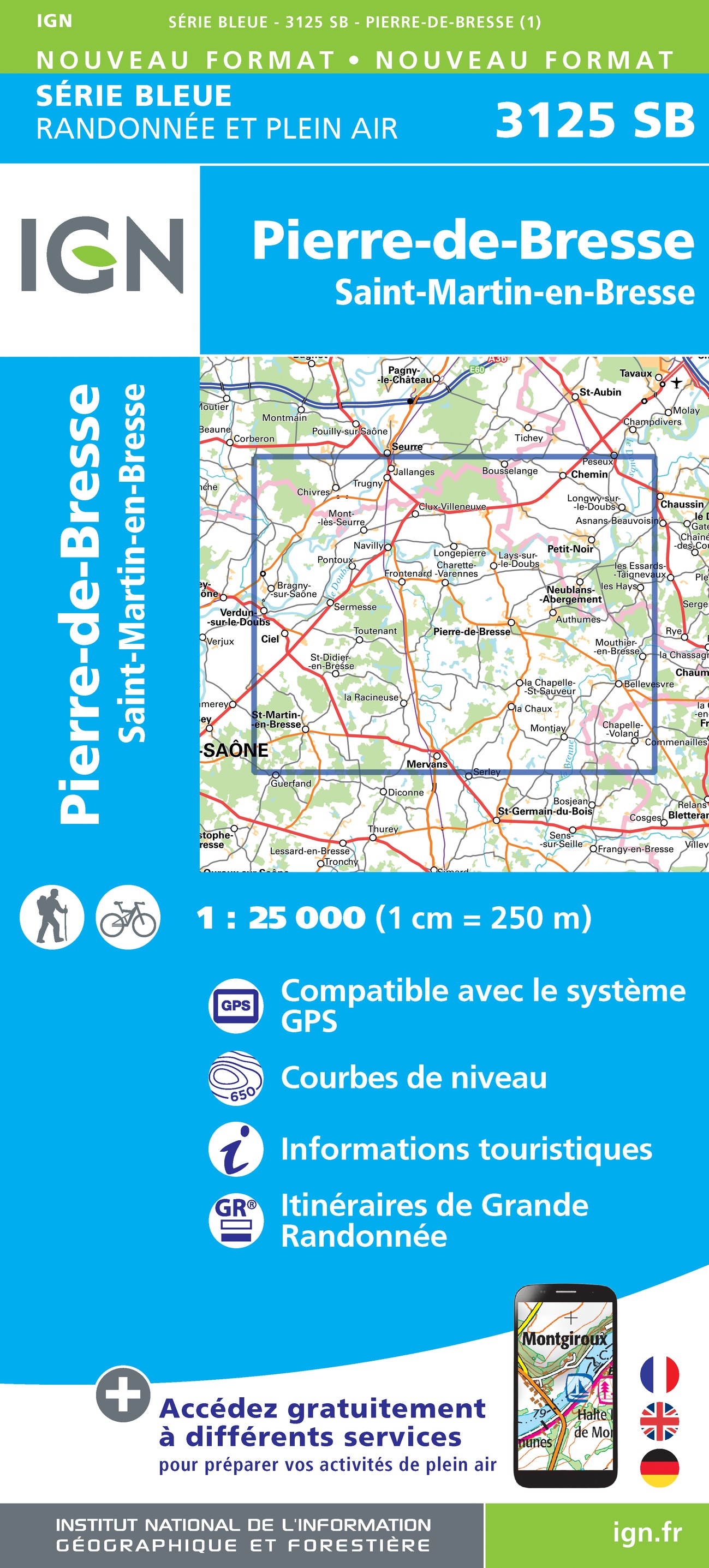 Online bestellen: Wandelkaart - Topografische kaart 3125 SB - Serie Bleue Pierre-de-Bresse, St-Martin-de-Bresse | IGN - Institut Géographique National