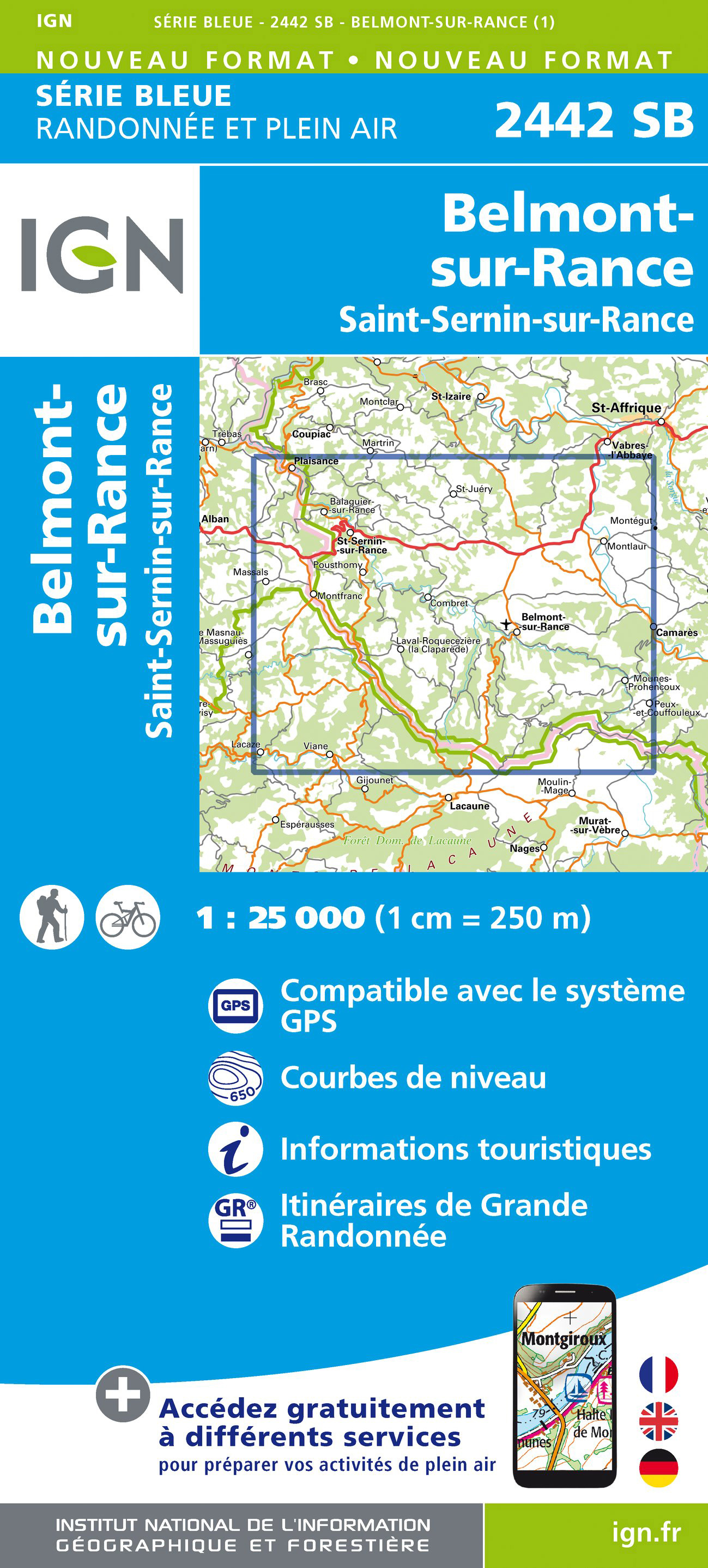 Online bestellen: Wandelkaart - Topografische kaart 2442 SB - Serie Bleue Belmont-sur-Rance, St-Sernin-sur-Rance | IGN - Institut Géographique National