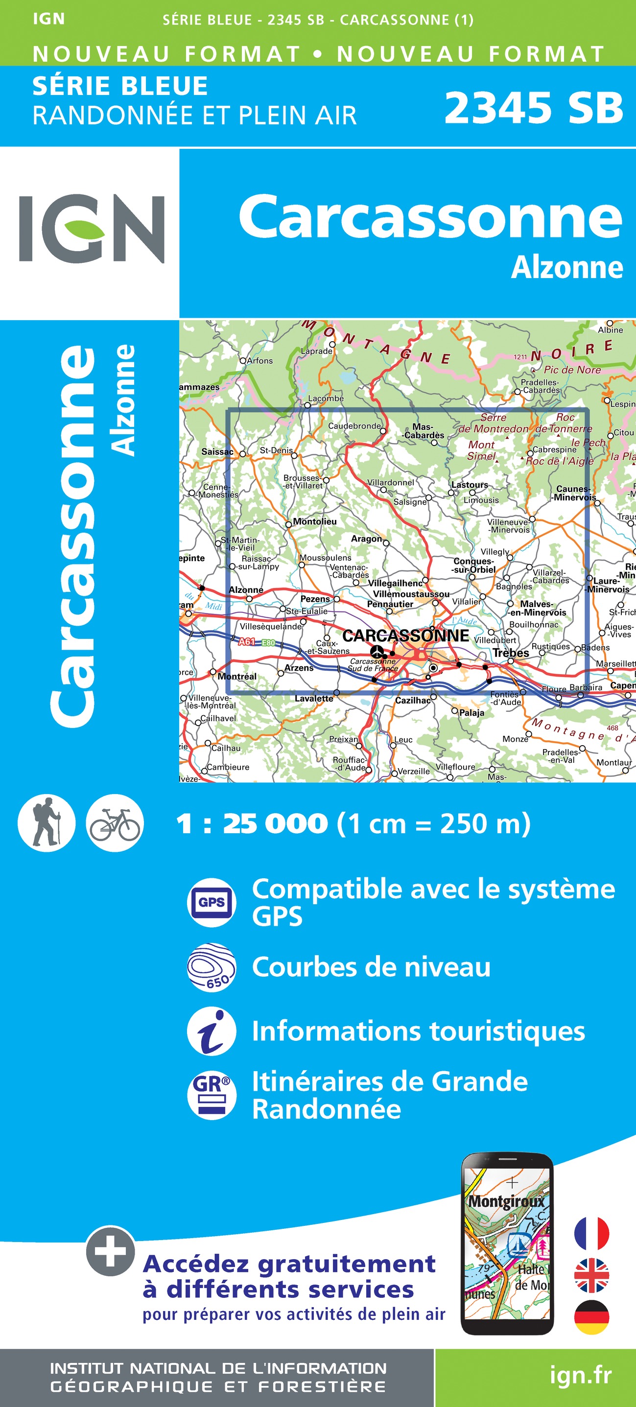 Online bestellen: Wandelkaart - Topografische kaart 2345 SB - Serie Bleue Carcassonne - Alzonne | IGN - Institut Géographique National