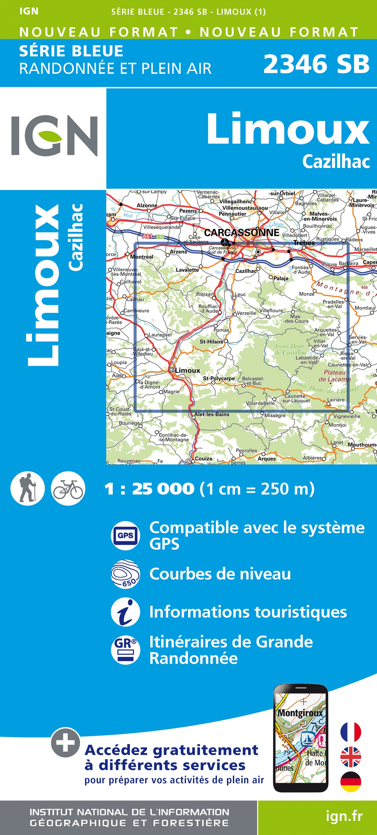 Online bestellen: Wandelkaart - Topografische kaart 2346 SB - Serie Bleue Cazilhac - Limoux | IGN - Institut Géographique National