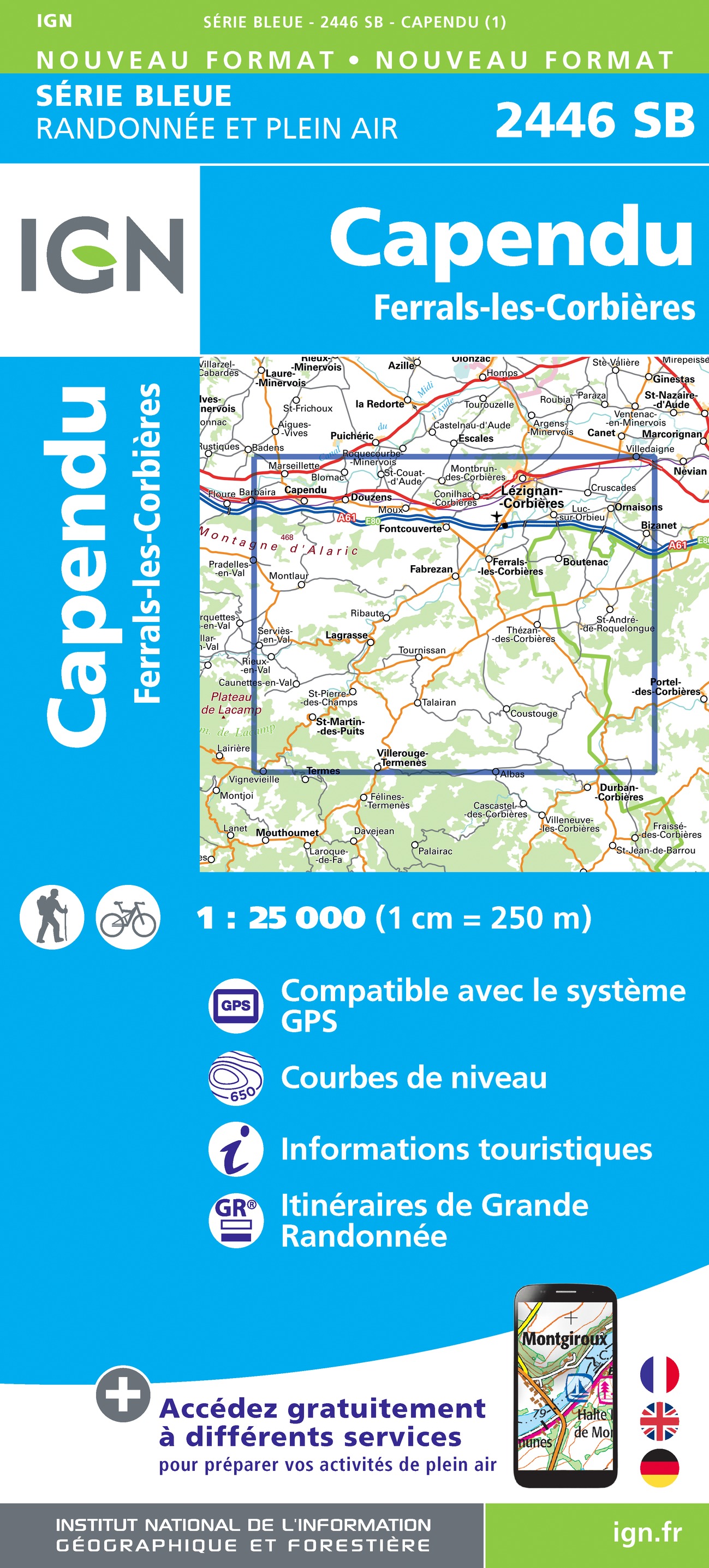 Online bestellen: Wandelkaart - Topografische kaart 2446 SB - Serie Bleue Ferrals-les-Corbières, Capendu | IGN - Institut Géographique National