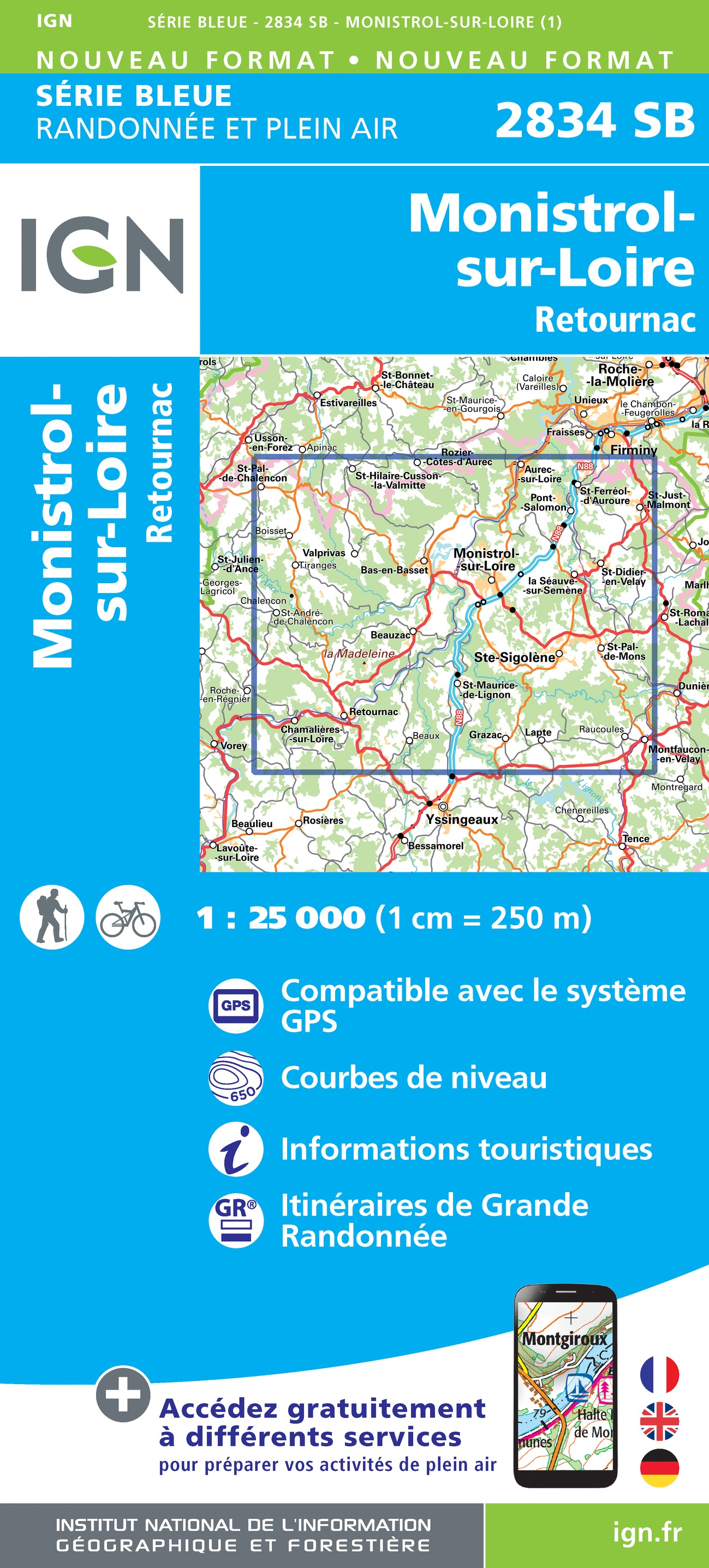 Online bestellen: Wandelkaart - Topografische kaart 2834 SB - Serie Bleue Monistrol-sur-Loire, Retournac | IGN - Institut Géographique National