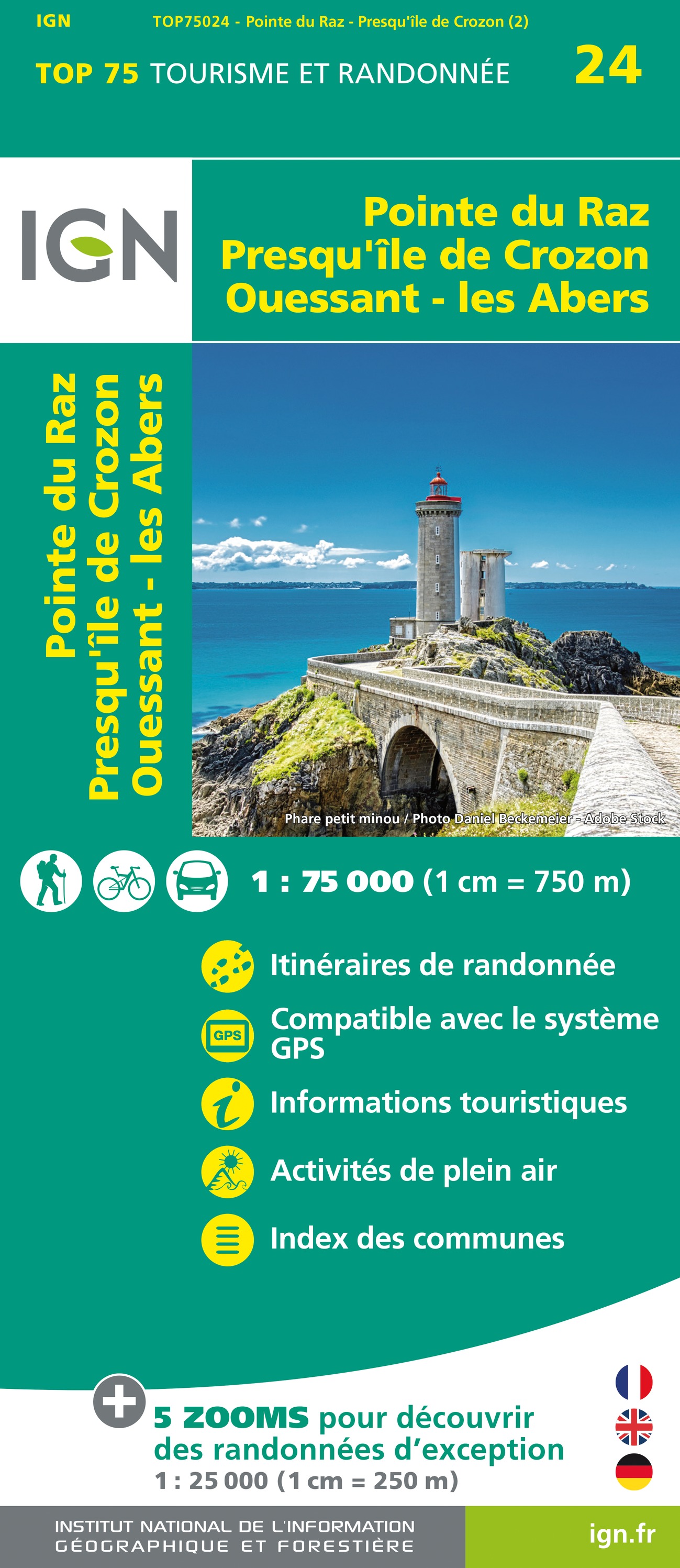 Online bestellen: Fietskaart - Wandelkaart 75024 Bretagne - Pointe du Raz, Presqu'ile de Crozon, Ouessant - les Abers | IGN - Institut Géographique National