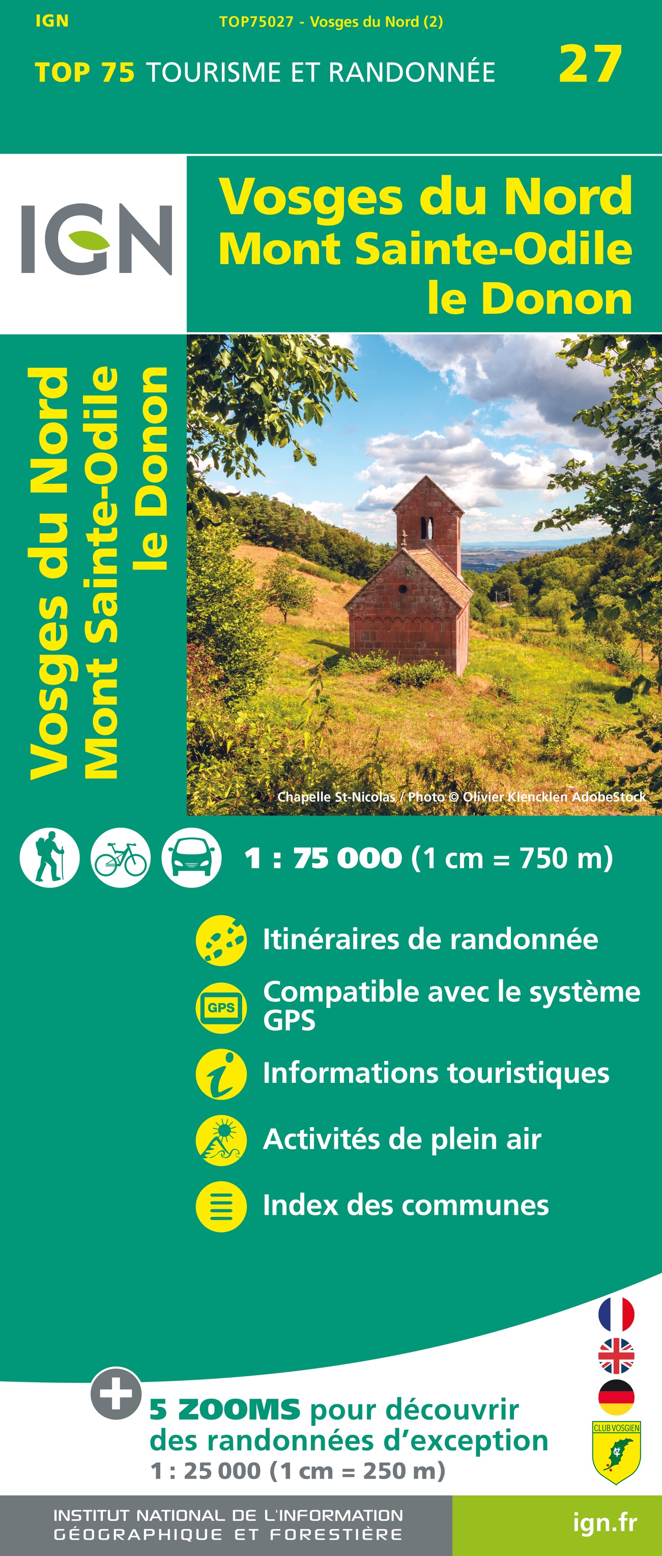 Online bestellen: Fietskaart - Wandelkaart 75027 Vosges du Nord - Mont Sainte Odile - Le Donon | IGN - Institut Géographique National